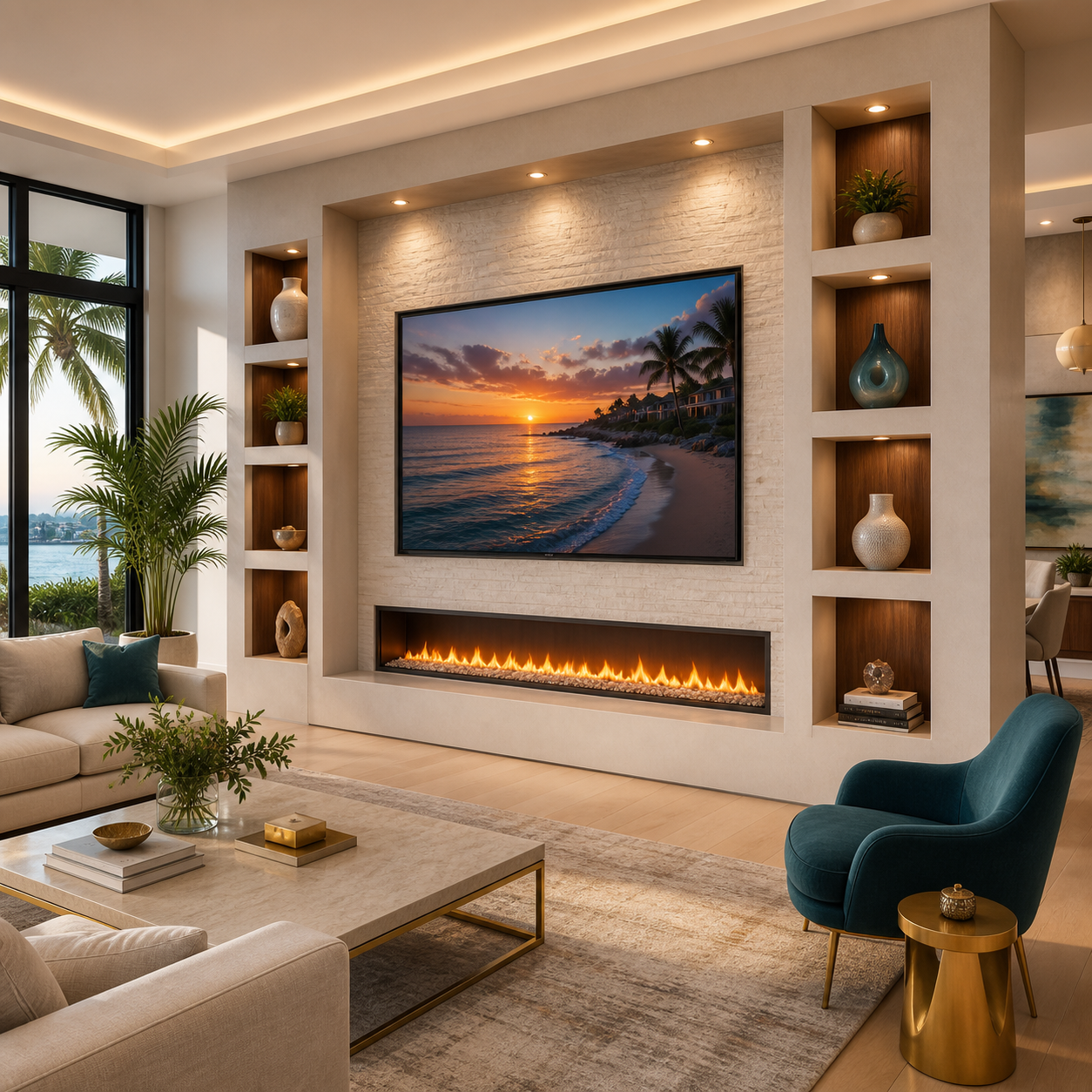 Bright modern niche media wall with walnut-lined display niches, integrated TV, and linear electric fireplace