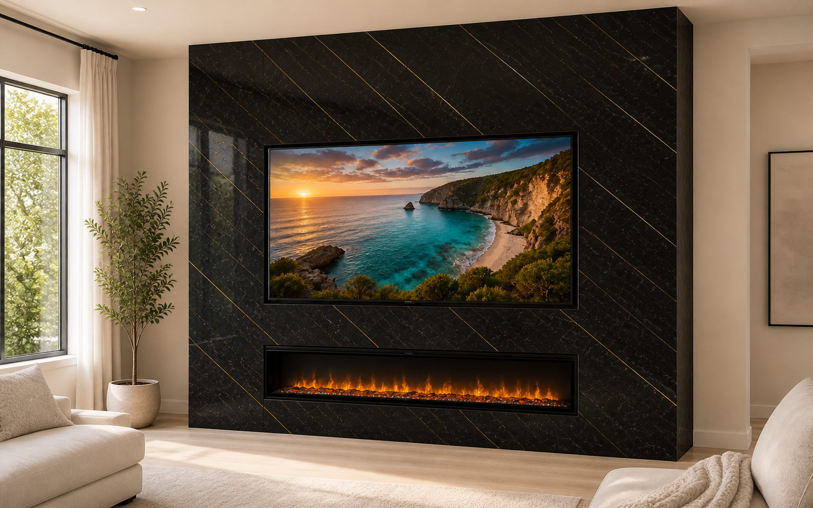 Full-height Decorative Panel Fireplace Media Wall clad in black marble-look panels with gold veining