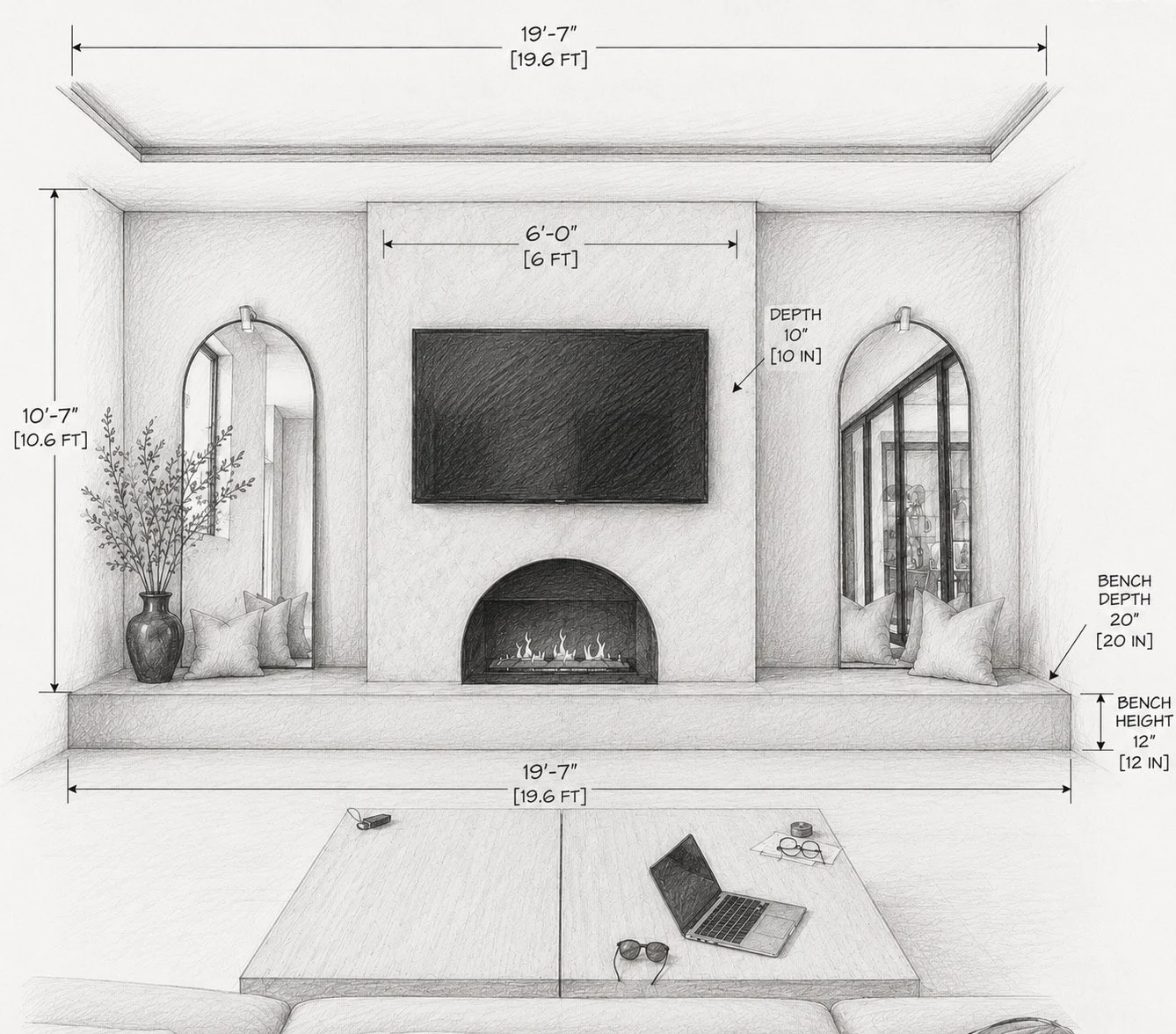 Dimensioned architectural sketch for a 19-foot-wide Mediterranean Hearth Wall with a six-foot center structure, arched fireplace, television, and bench