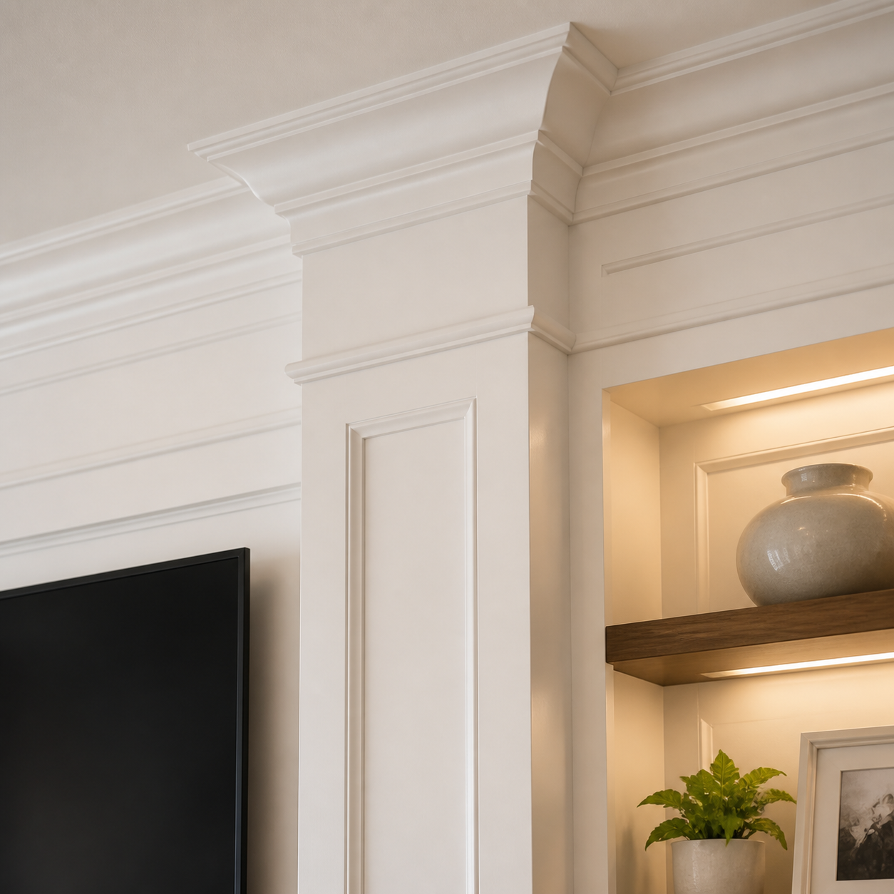 Warm white painted millwork with crown molding, framed trim, and illuminated shelving