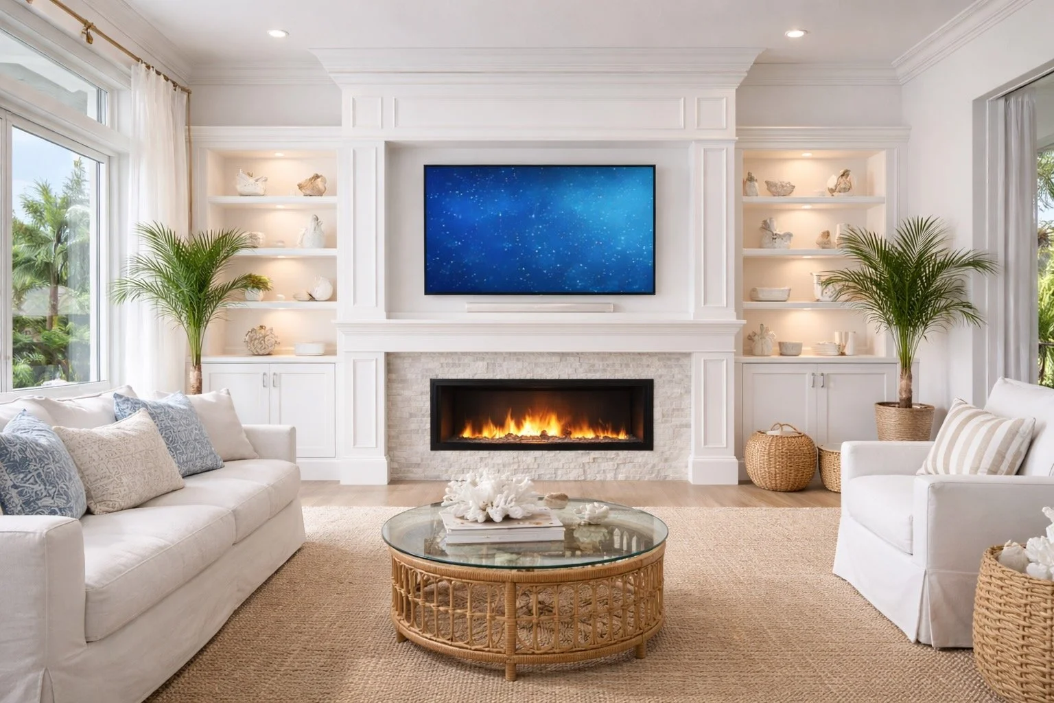 Bright living room with two white sofas, glass coffee table, fireplace, flat-screen TV, potted plants, built-in shelves with decorative items, large windows with curtains, and neutral-colored decor.