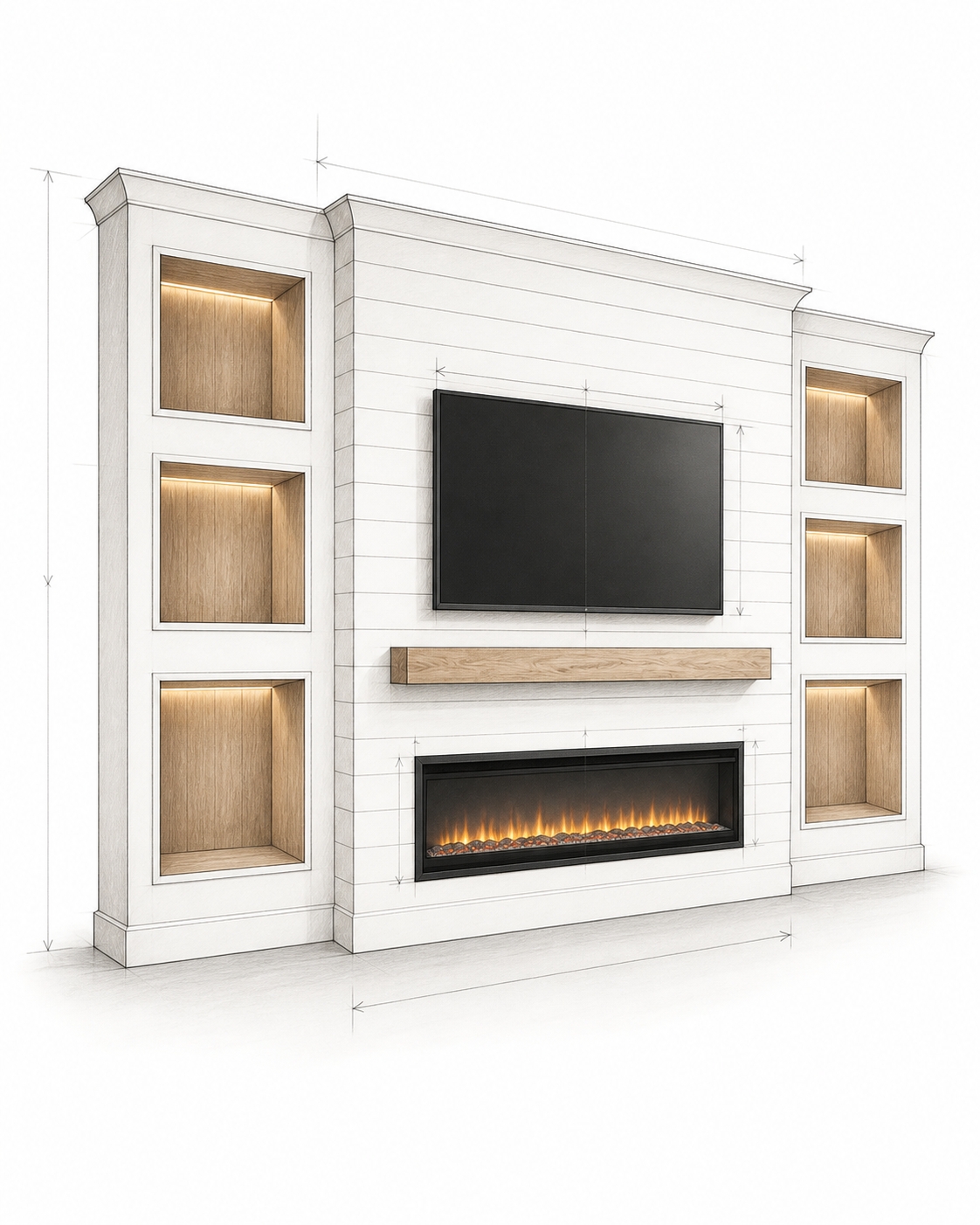 Architectural sketch of the C2-002 shiplap fireplace media wall with six integrated wood-lined niches
