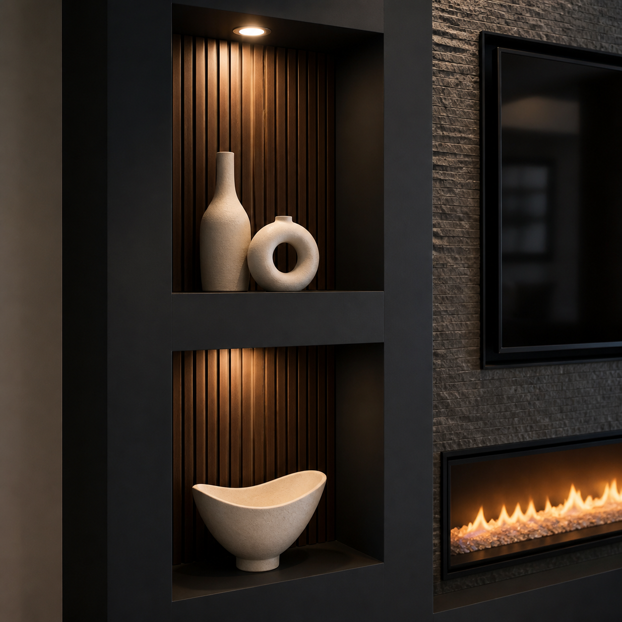 Dark walnut slat panels installed inside illuminated architectural display niches