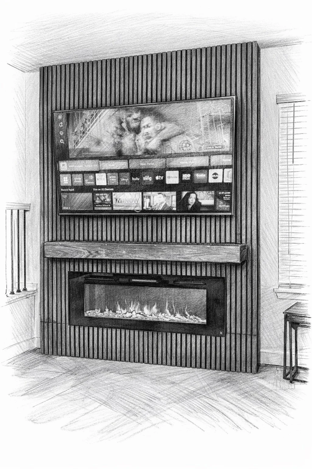black and white sketch of modern slat fireplace media wall with TV, custom wood mantel and linear electric fireplace