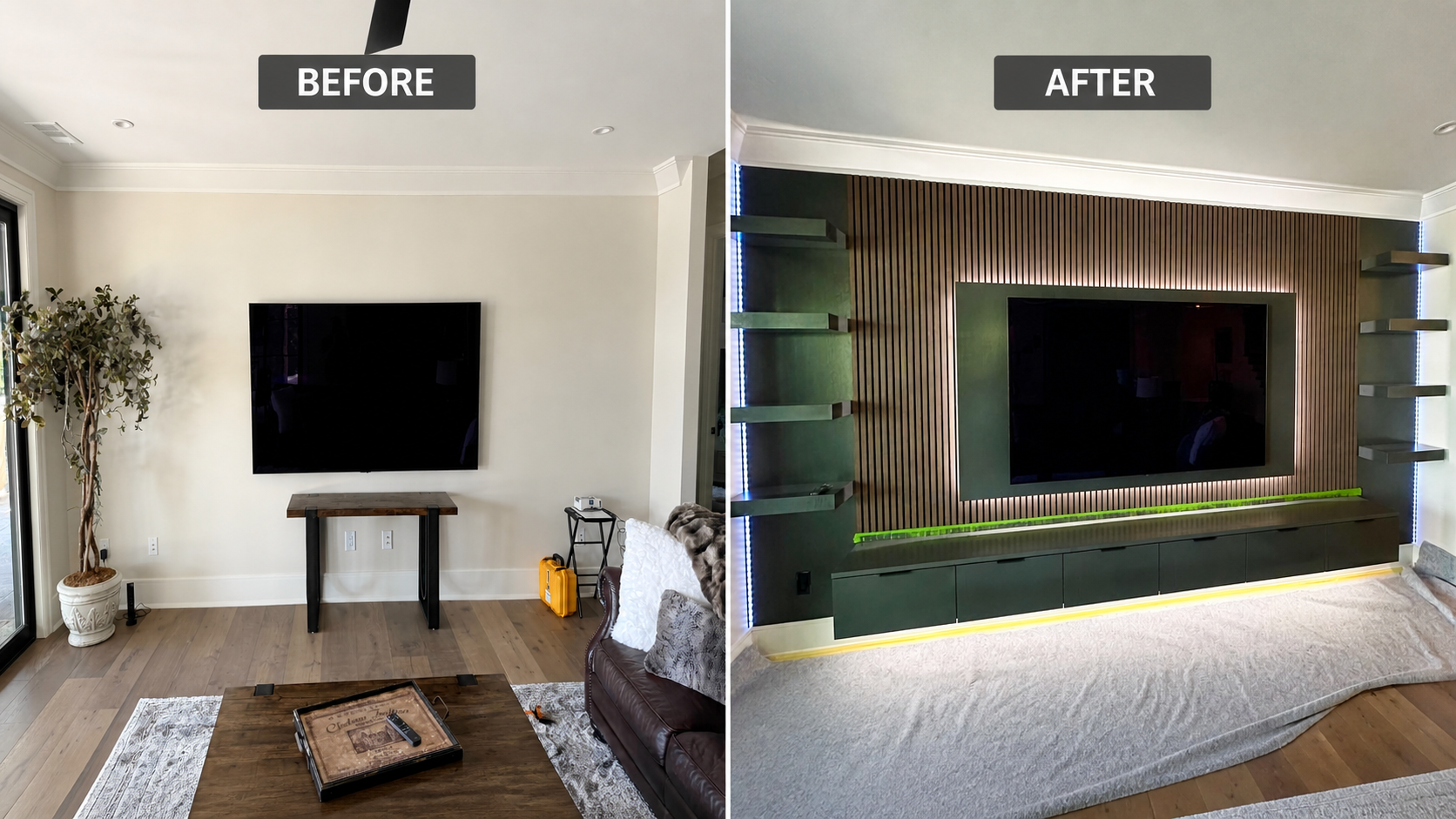Living room before and after renovation, showing a wall-mounted TV setup with shelving, lighting, and a wooden cabinet below. The before side features a plain wall with a plant, small table, and sofa, while the after side showcases a modern, dark wood-paneled accent wall with integrated lighting, shelves, and a covered floor area.