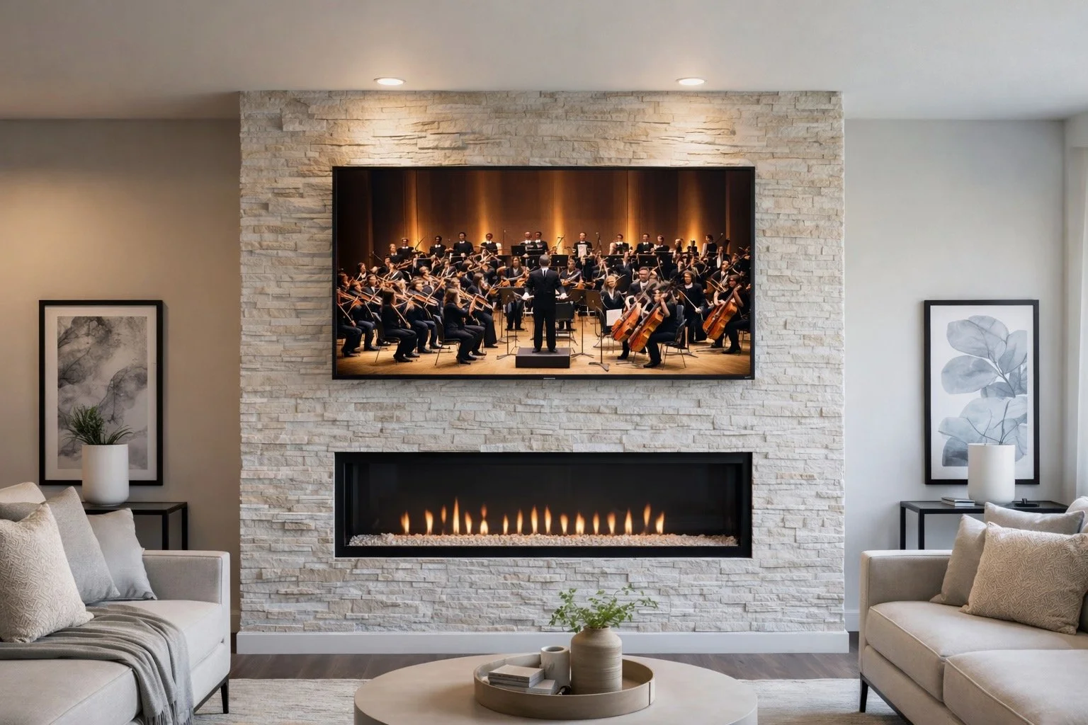 Living room with modern fireplace, two beige sofas, framed art on walls, potted plant, and television showing an orchestra performance.