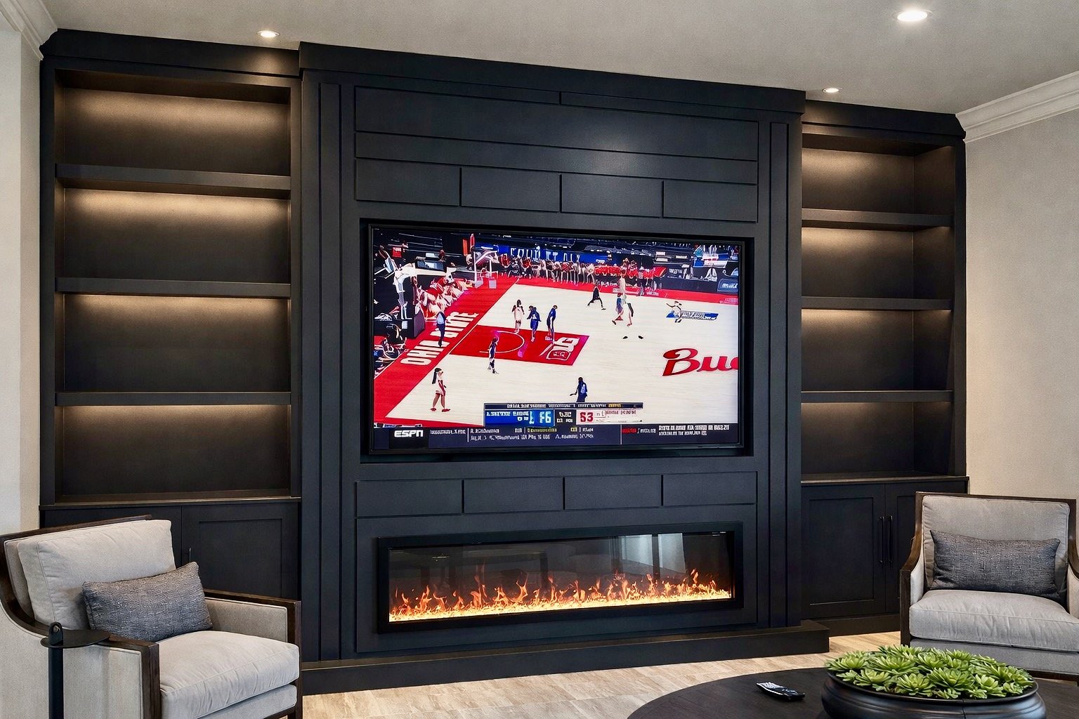 custom built-in fireplace media wall with cabinets and shelves in Orlando