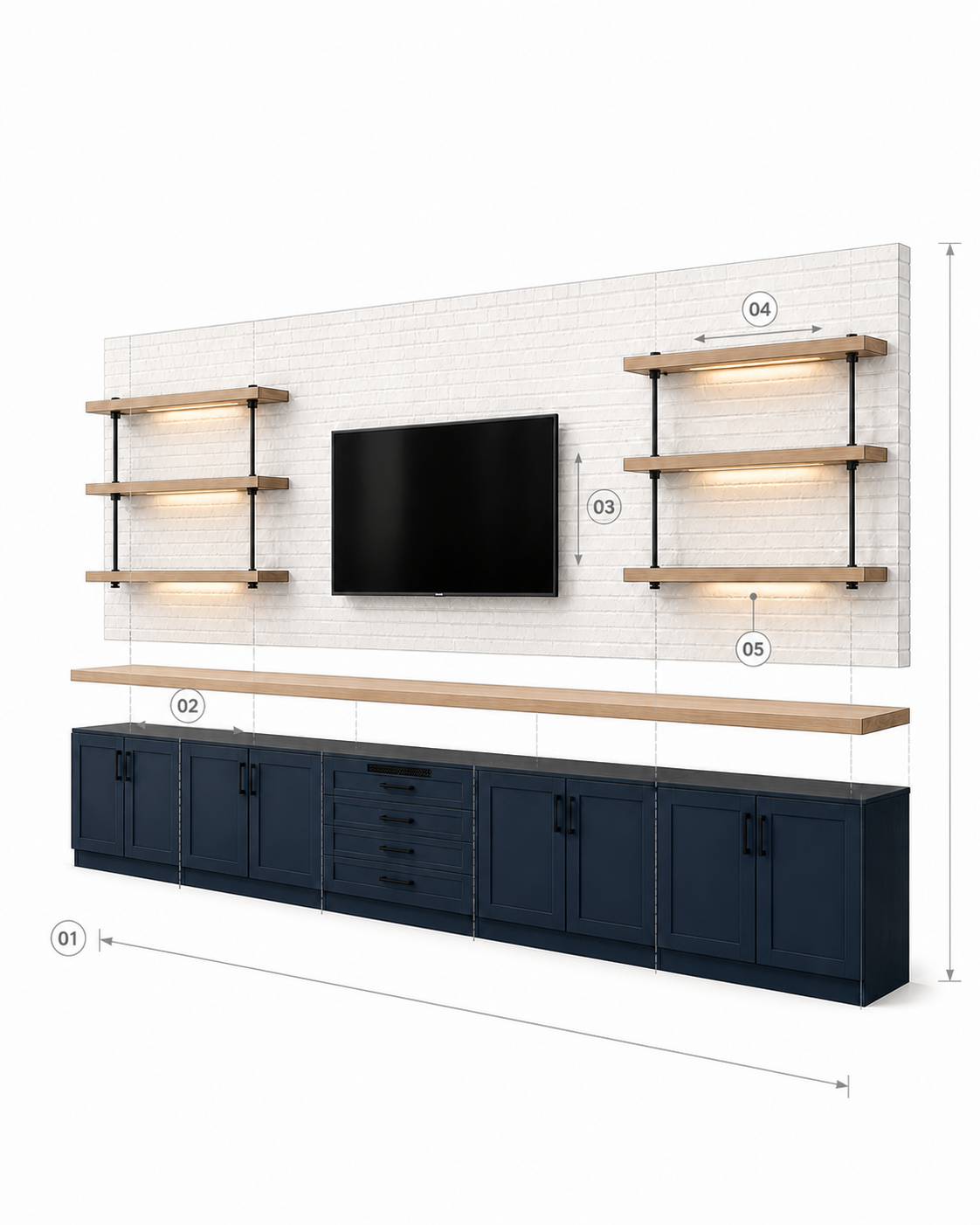 Exploded architectural diagram showing the customizable cabinets, countertop, television, shelves, wall panels, and lighting of the C3-001 entertainment wall