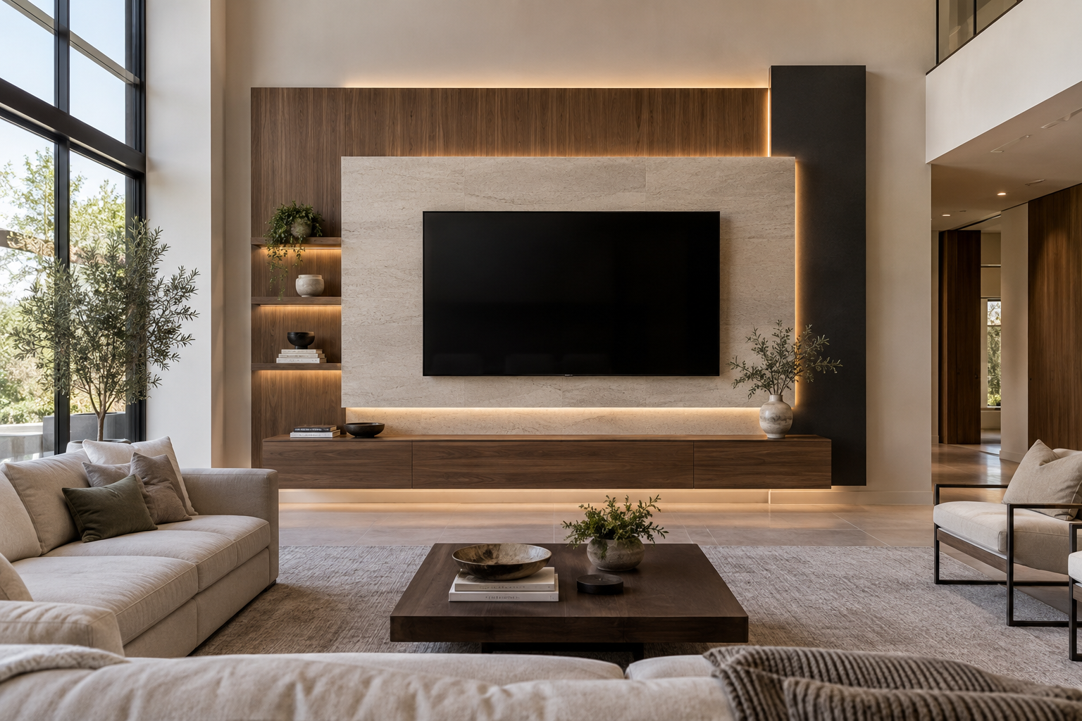 Concept visualization of a Strata Fusion media wall with layered stone and walnut panels, floating cabinetry, and integrated architectural lighting.
