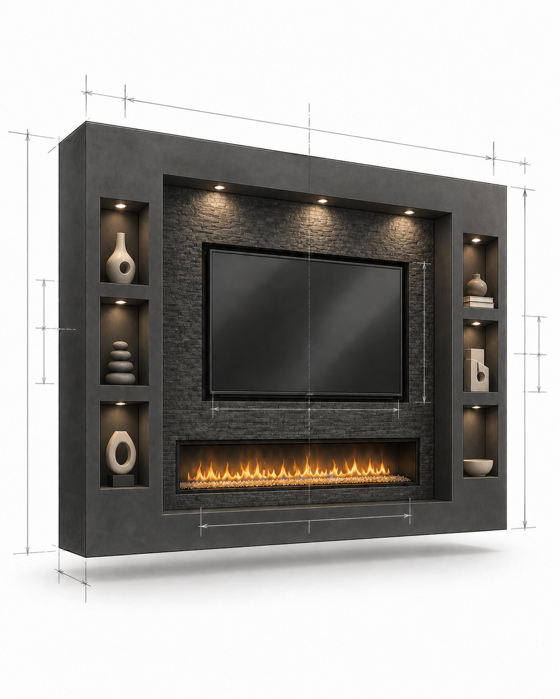 Architectural customization sketch of a modern niche media wall with integrated TV, linear fireplace, illuminated display niches, and dimension lines