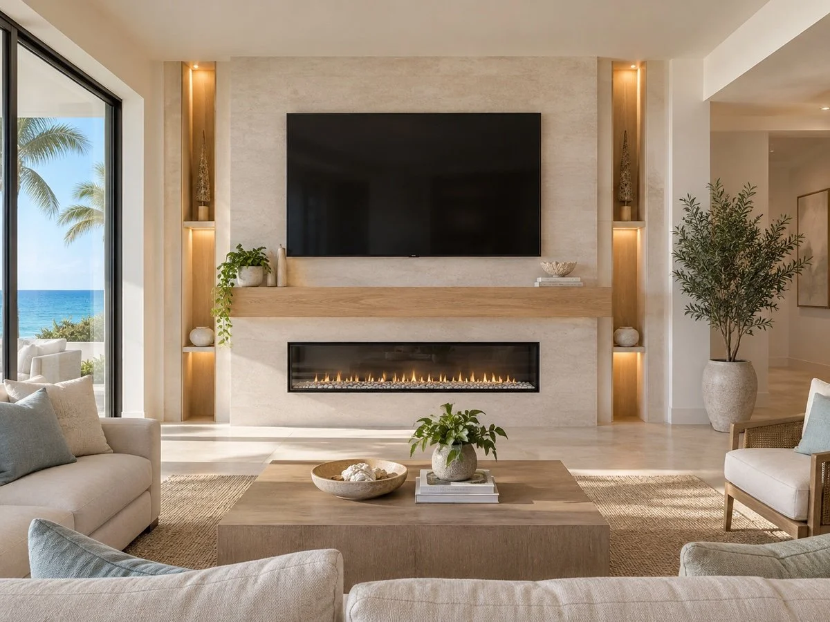 Fireplace media wall design with a mounted TV, linear electric fireplace, wood mantel, and integrated lighting