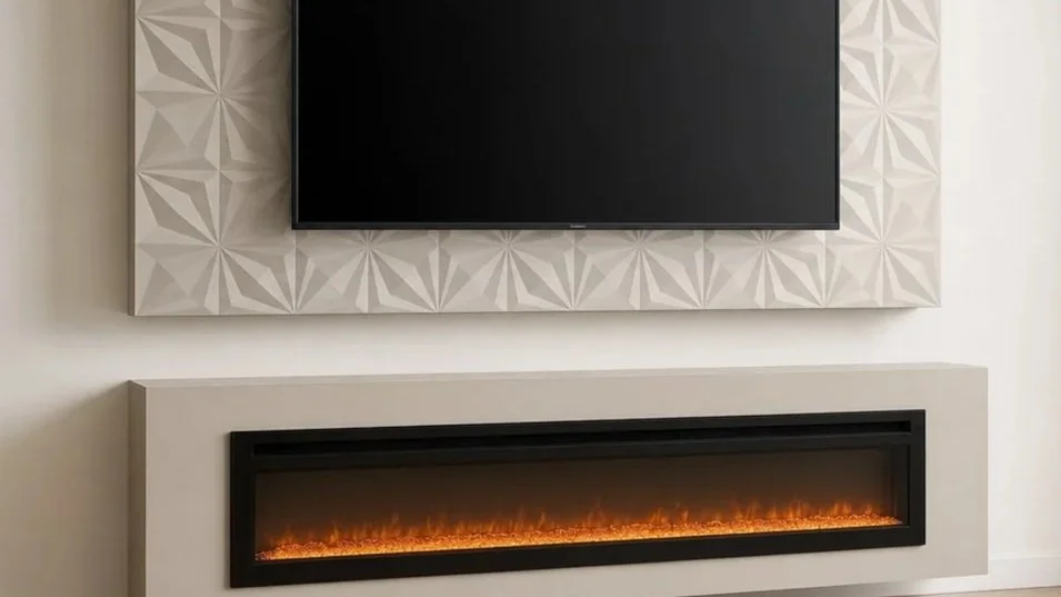A wall-mounted flat screen TV above a modern electric fireplace with a glowing flame effect, and a decorative wall panel with geometric patterns surrounding the TV.