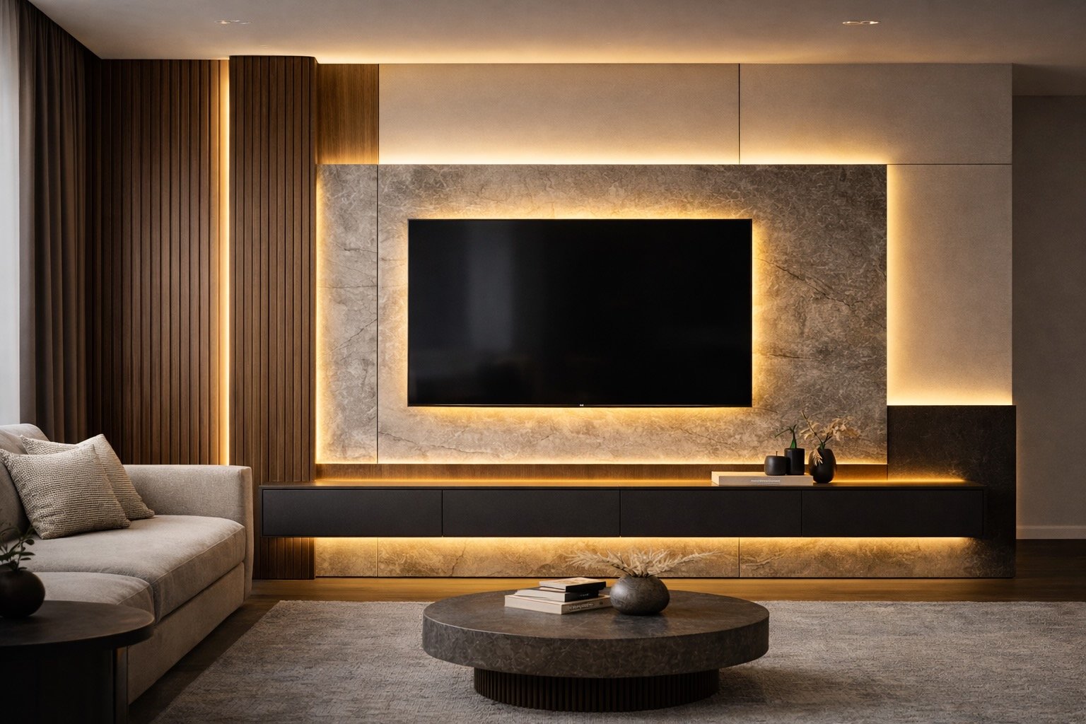asymmetrical layered media wall with wood slats stone panel and LED lighting