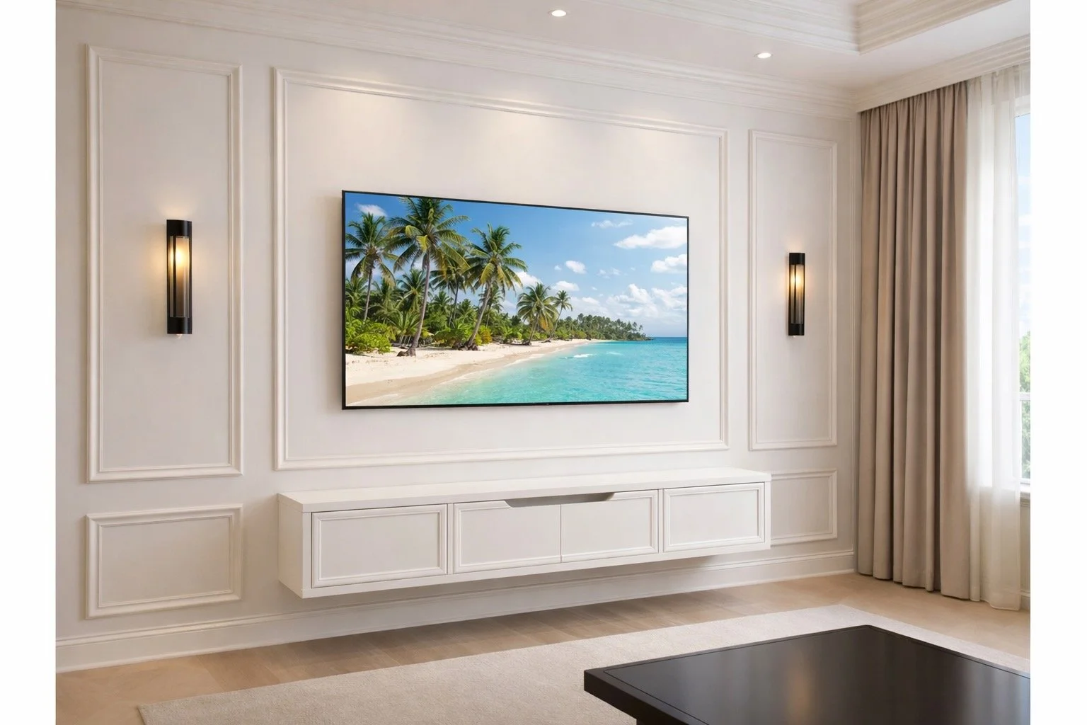 Modern living room with a wall-mounted flat-screen TV displaying a tropical beach scene, black wall sconces on each side, a white floating cabinet underneath, beige curtains on the right, white paneled walls, a ceiling with recessed lighting, and a black table in the foreground.