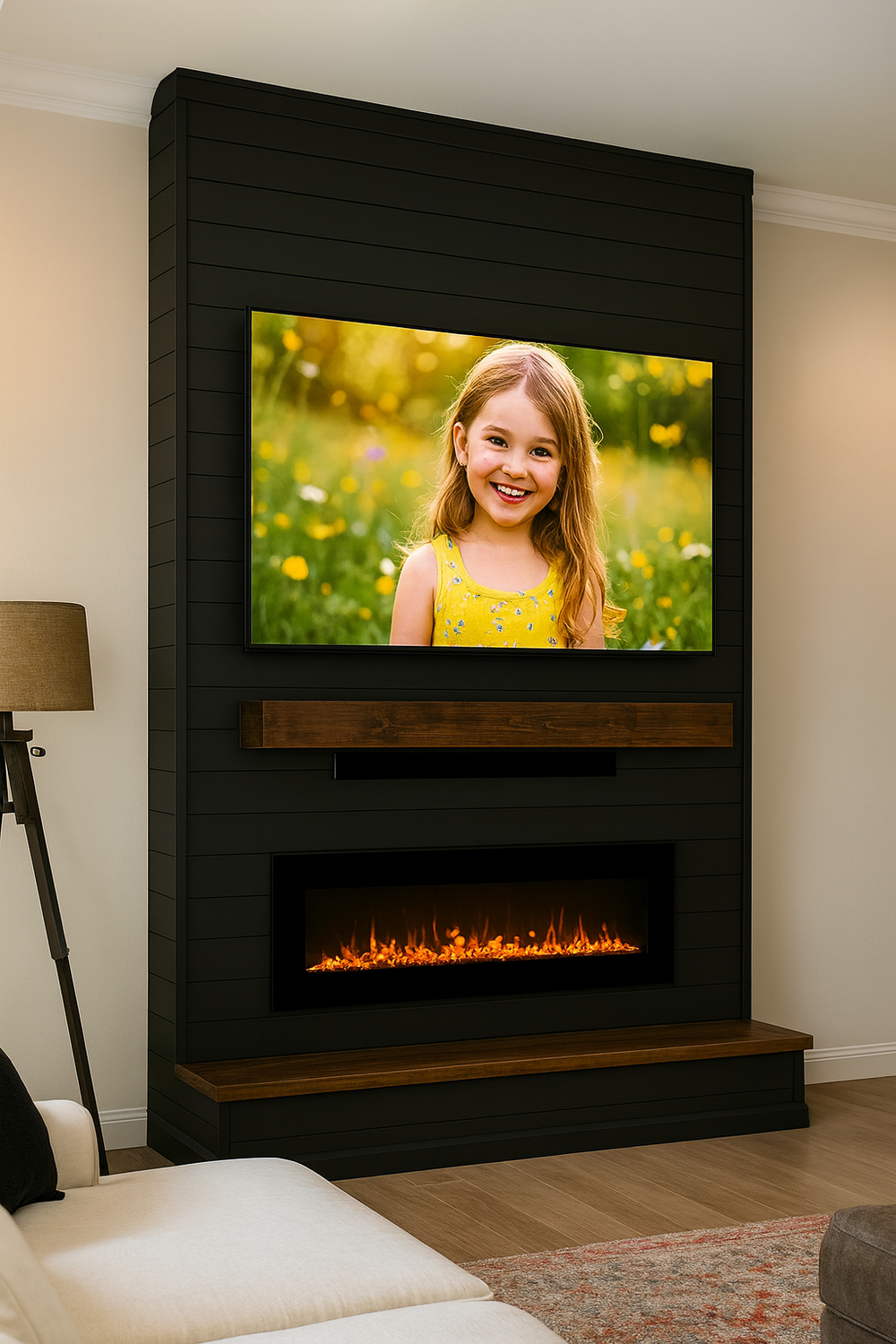 Shiplap Fireplace Built-Out Media Wall with Electric Fireplace and Wood Mantel_02.webp