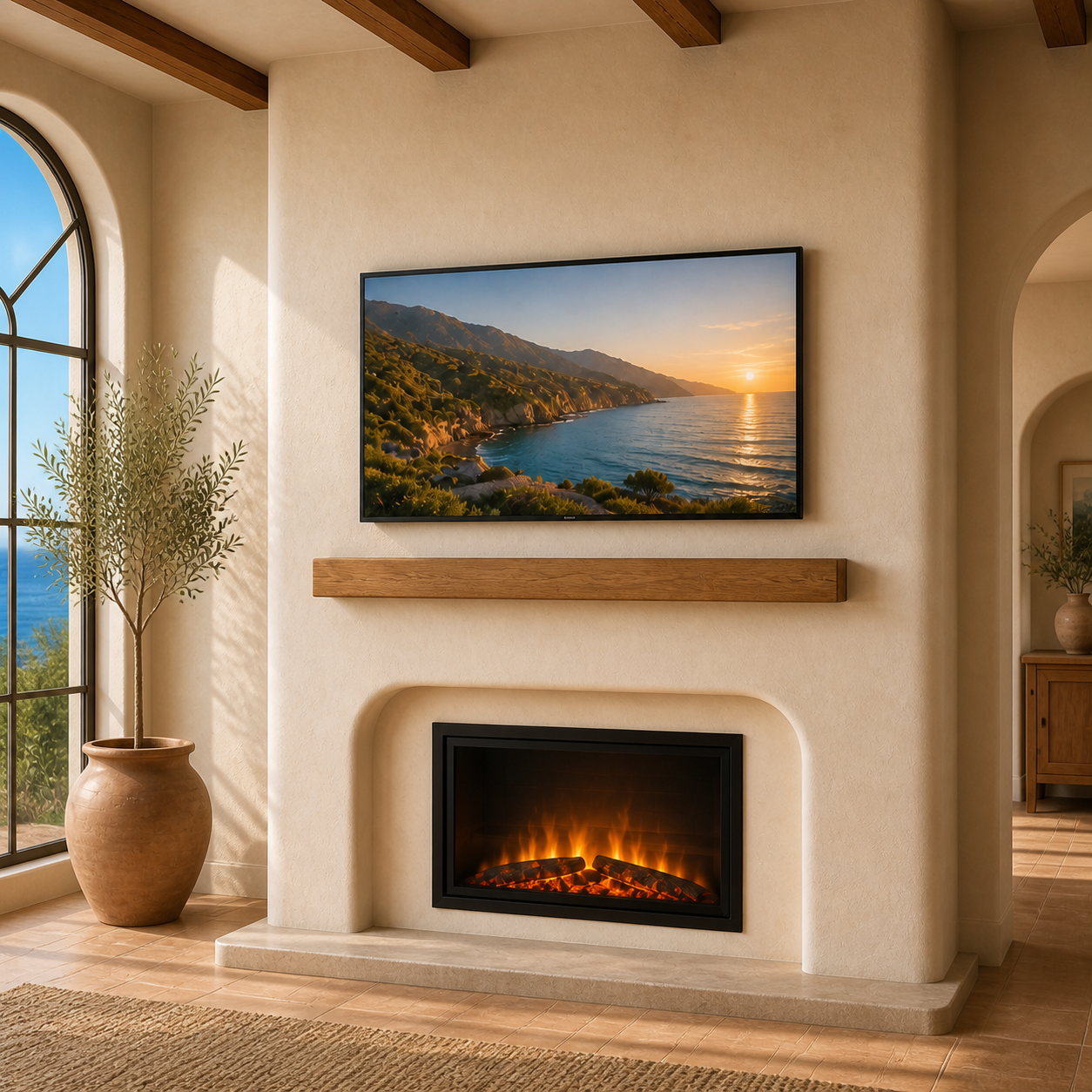 Mediterranean Hearth Wall with warm limewash finish, rounded fireplace surround, natural oak mantel, and integrated TV