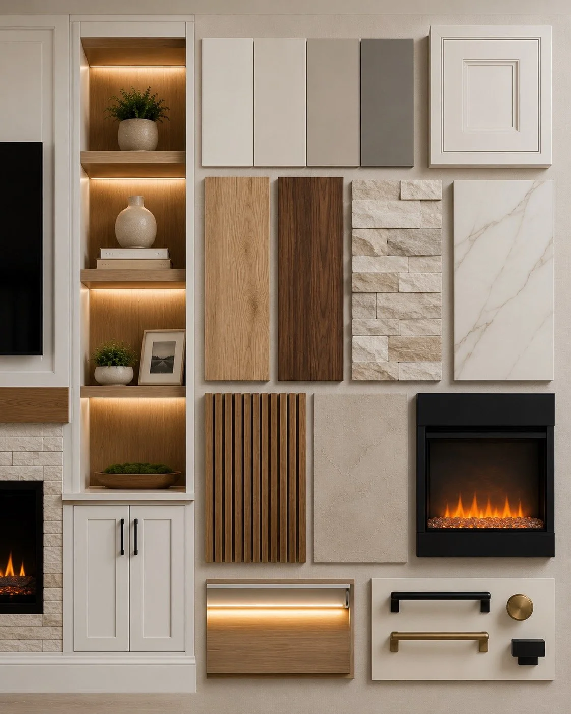 Orlando media wall material palette with painted cabinetry, white oak, walnut, ledger stone, porcelain panels, wood slats, and LED lighting