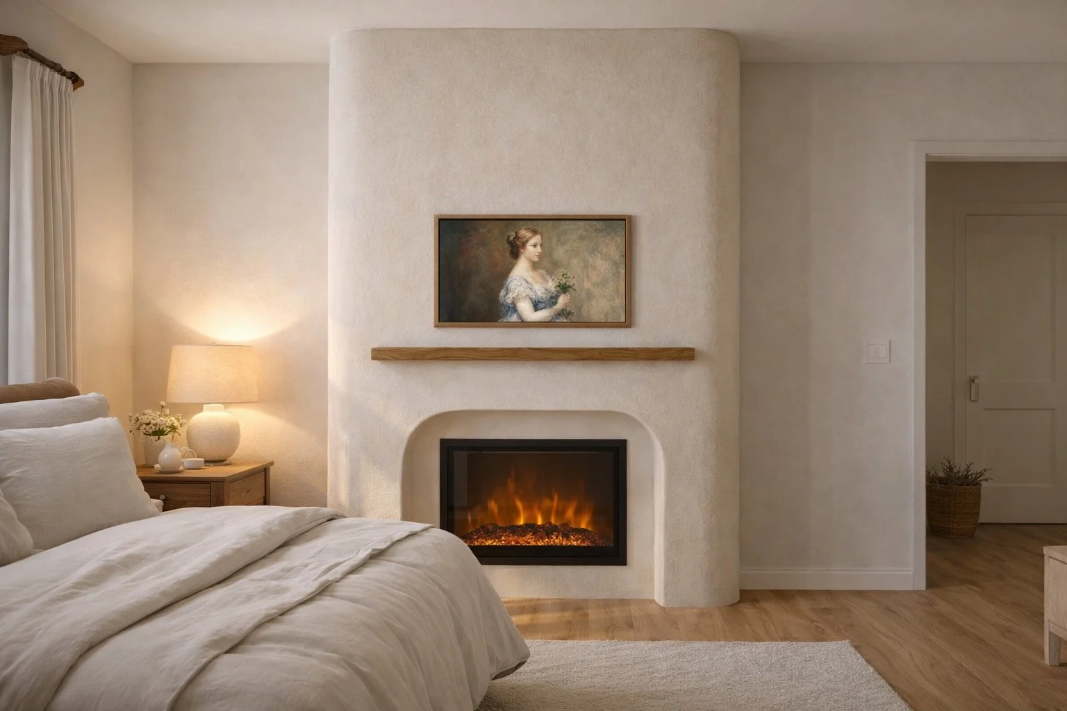 Cozy bedroom with cream-colored bed, bedside table, lamp, painting of a woman, fireplace, and doorway.