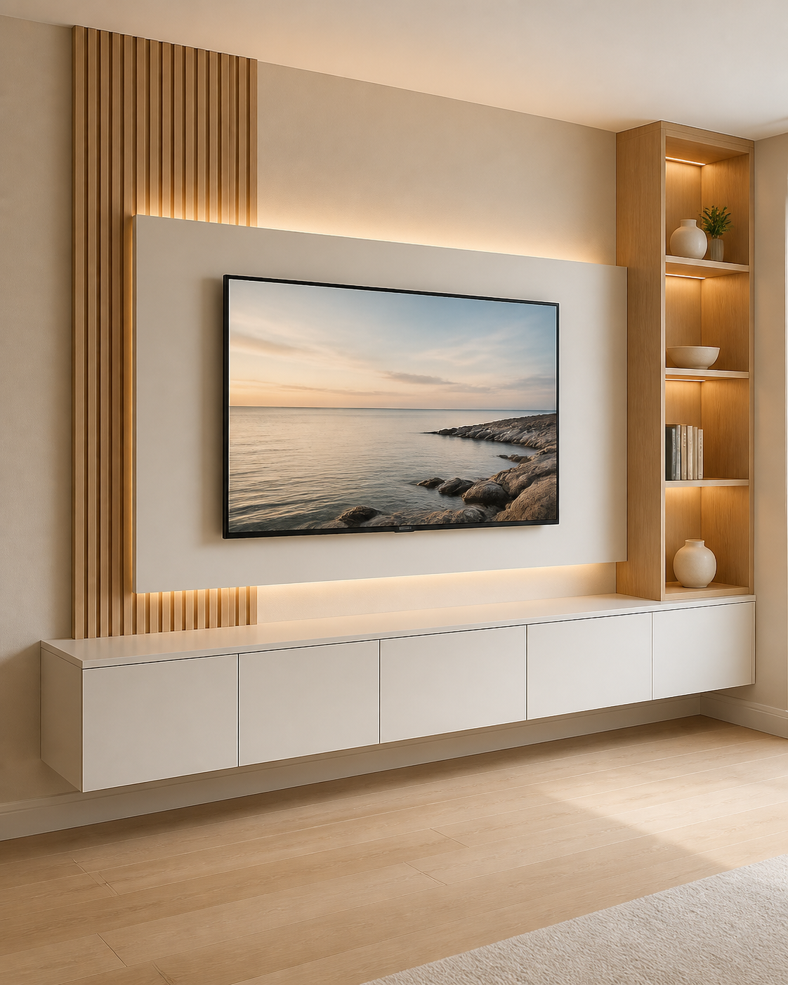 Lightweight floating media wall with a low storage cabinet, backlit TV panel, wood slat accent, and one illuminated shelving tower