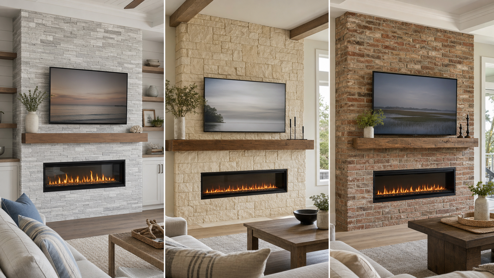 Collage of completed fireplace media walls featuring light Ledger Stone, warm RoughCut Stone, and aged Chicago-style brick.
