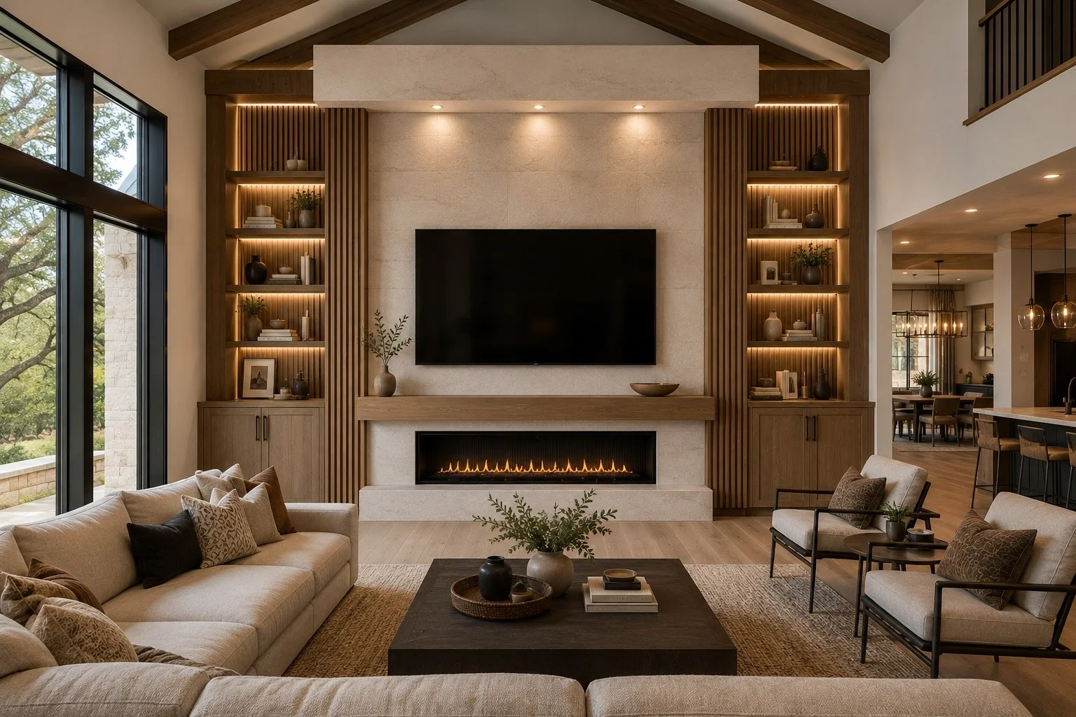 luxury Texas great room featuring a custom media wall with a linear fireplace, white oak shelving, stone panels, and integrated LED lighting