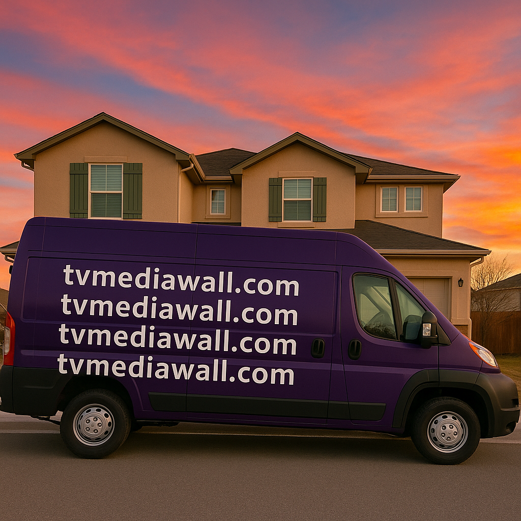 A purple delivery van with the website tvmediawall.com written multiple times on its side, parked in front of a two-story house at sunset.