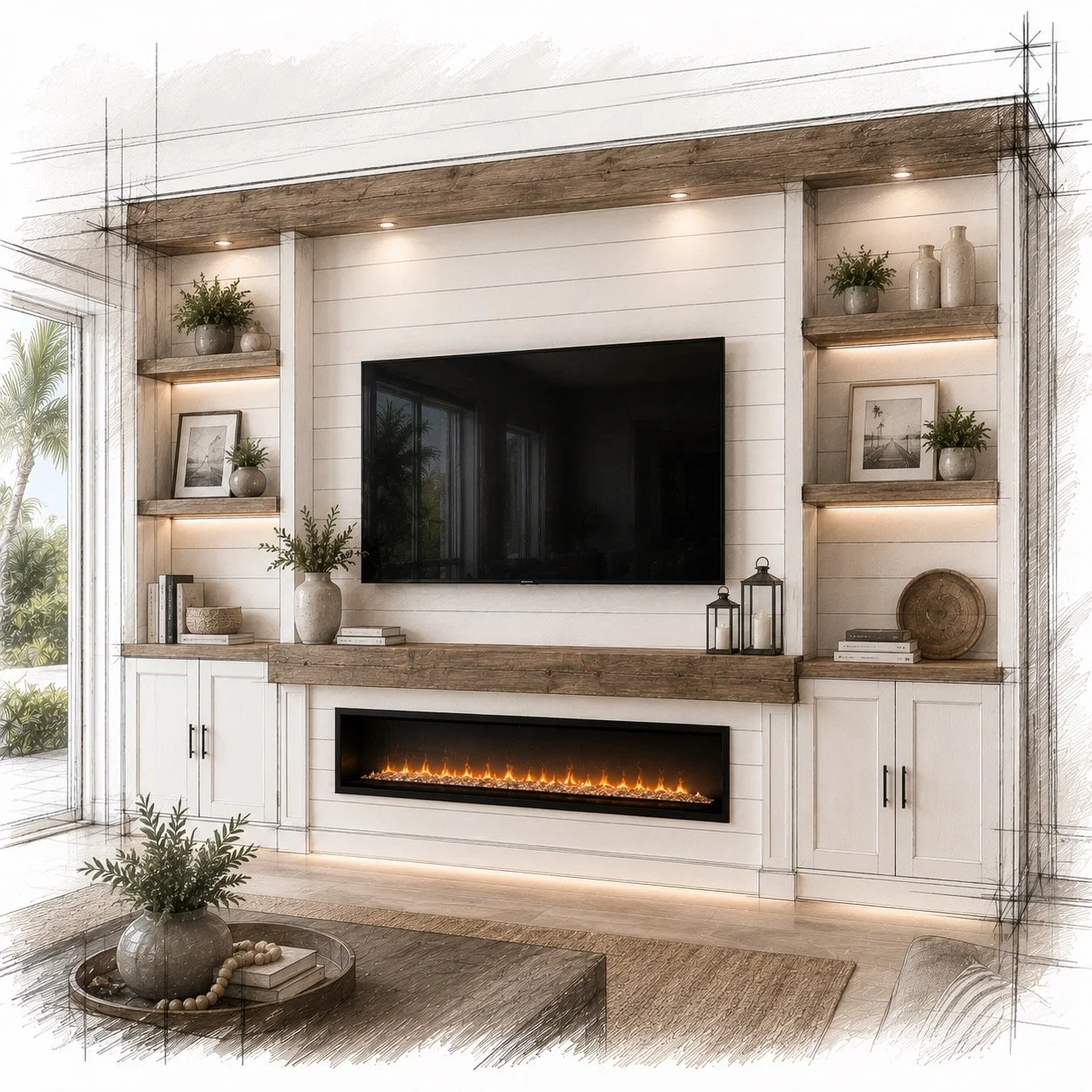 modern farmhouse media wall with white shiplap, wood mantel, fireplace, and built-in cabinets