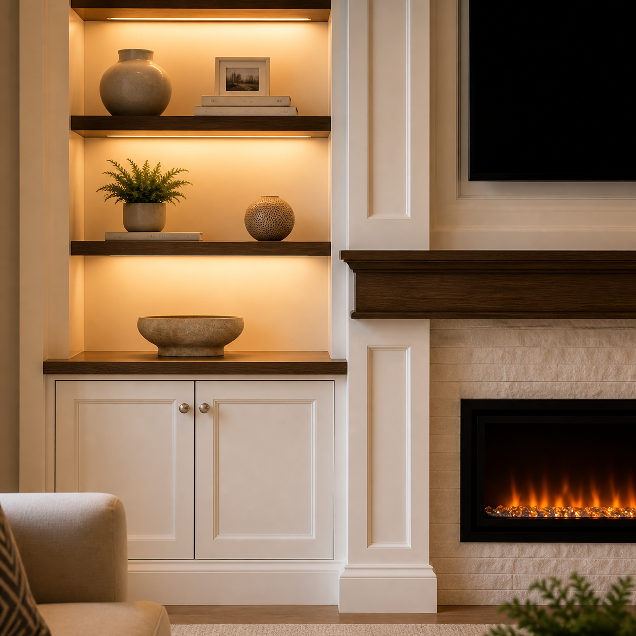 Integrated shelf lighting and electric fireplace within a Signature Classic Built-In