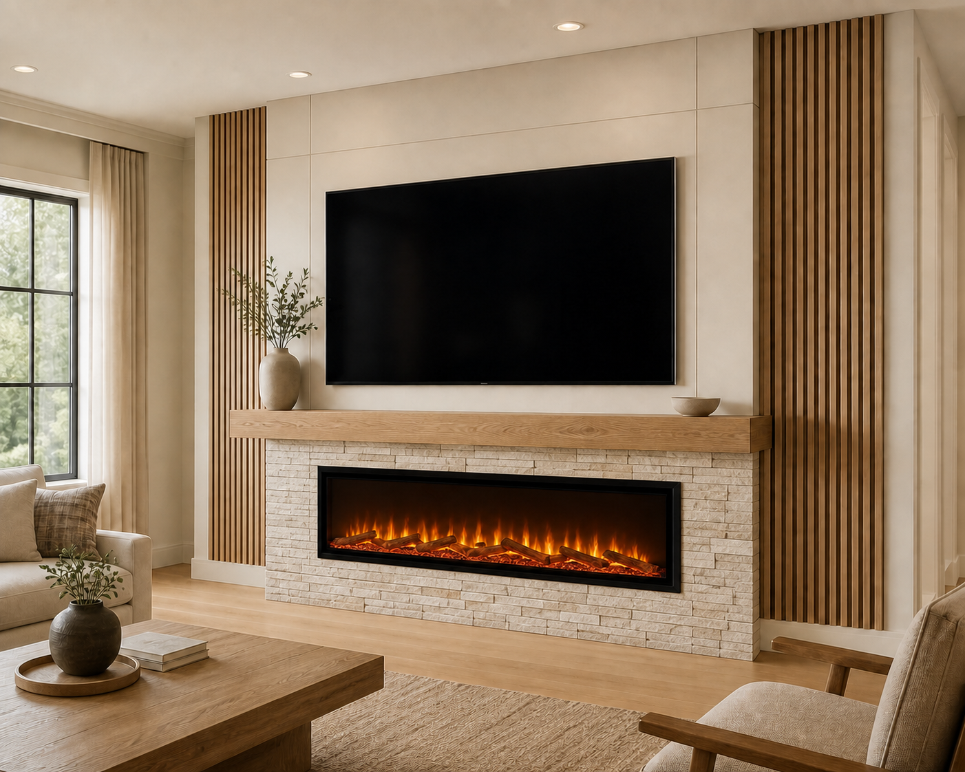 Custom fireplace media wall featuring a light ledger stone fireplace surround, natural wood mantel, mounted TV, and vertical wood slat accents