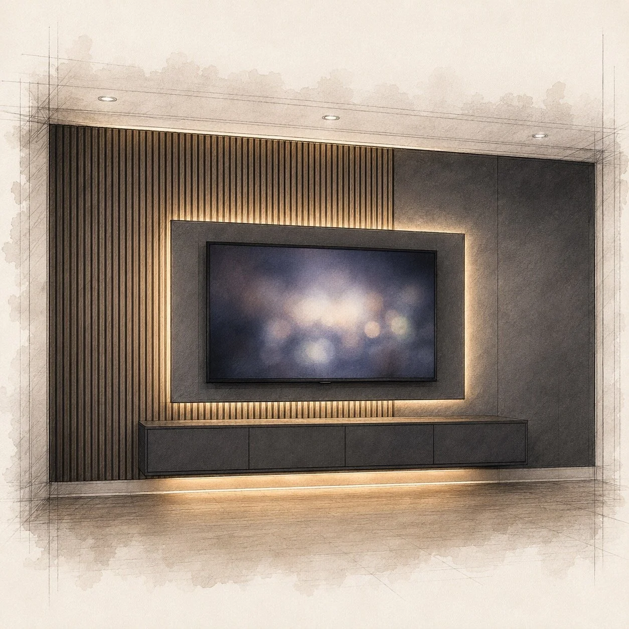 Modern living room wall with a mounted flat-screen TV, wooden slat accent wall, built-in low cabinet, and soft ceiling and wall lighting.