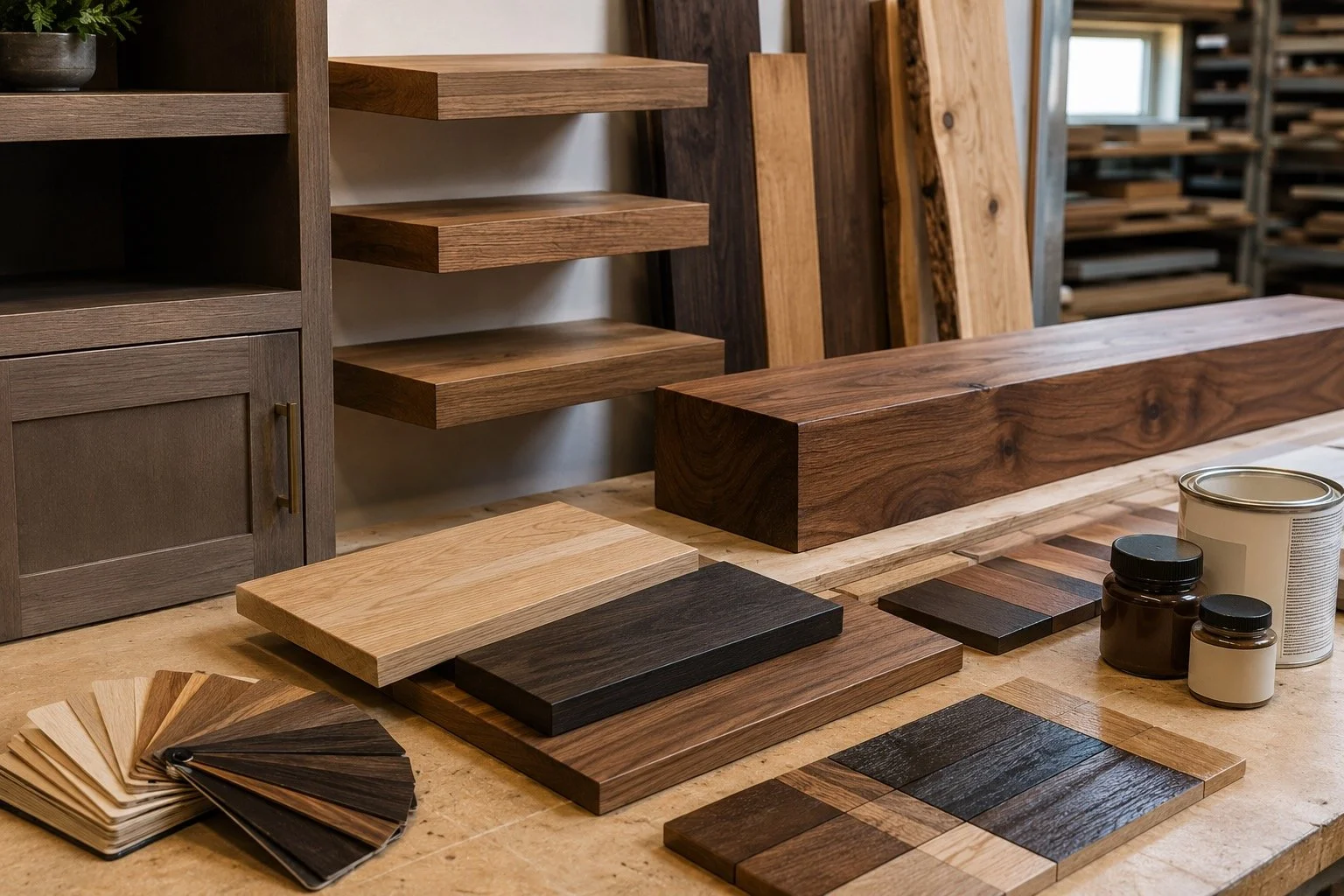 Premium woodworking materials, floating shelves, solid wood mantel components, stain samples, and custom millwork elements prepared for media wall and built-in entertainment center projects.