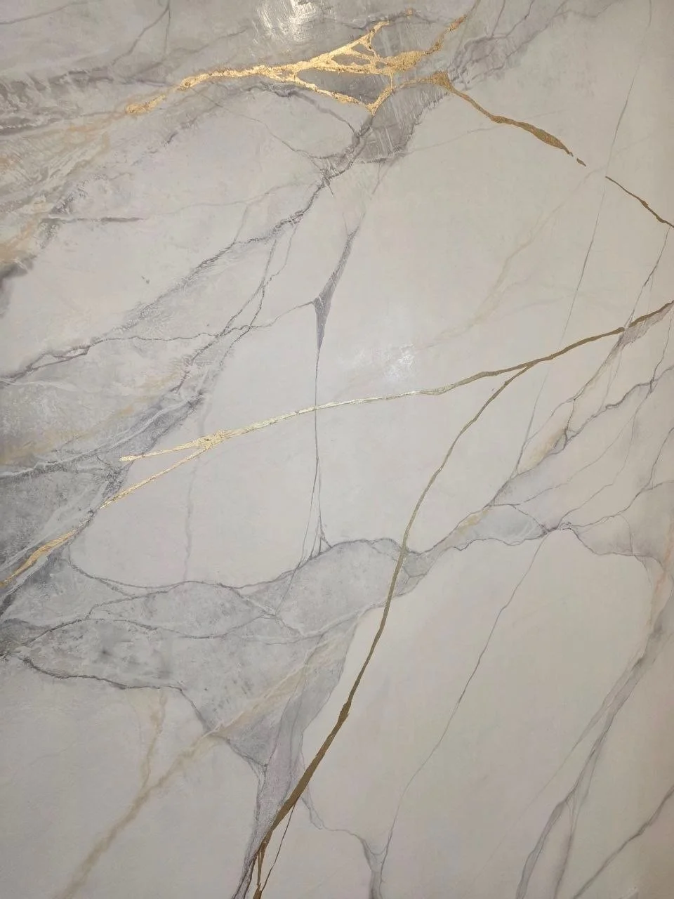 Close-up detail of custom Venetian plaster media wall with marble texture and metallic gold accents in Sarasota Florida.