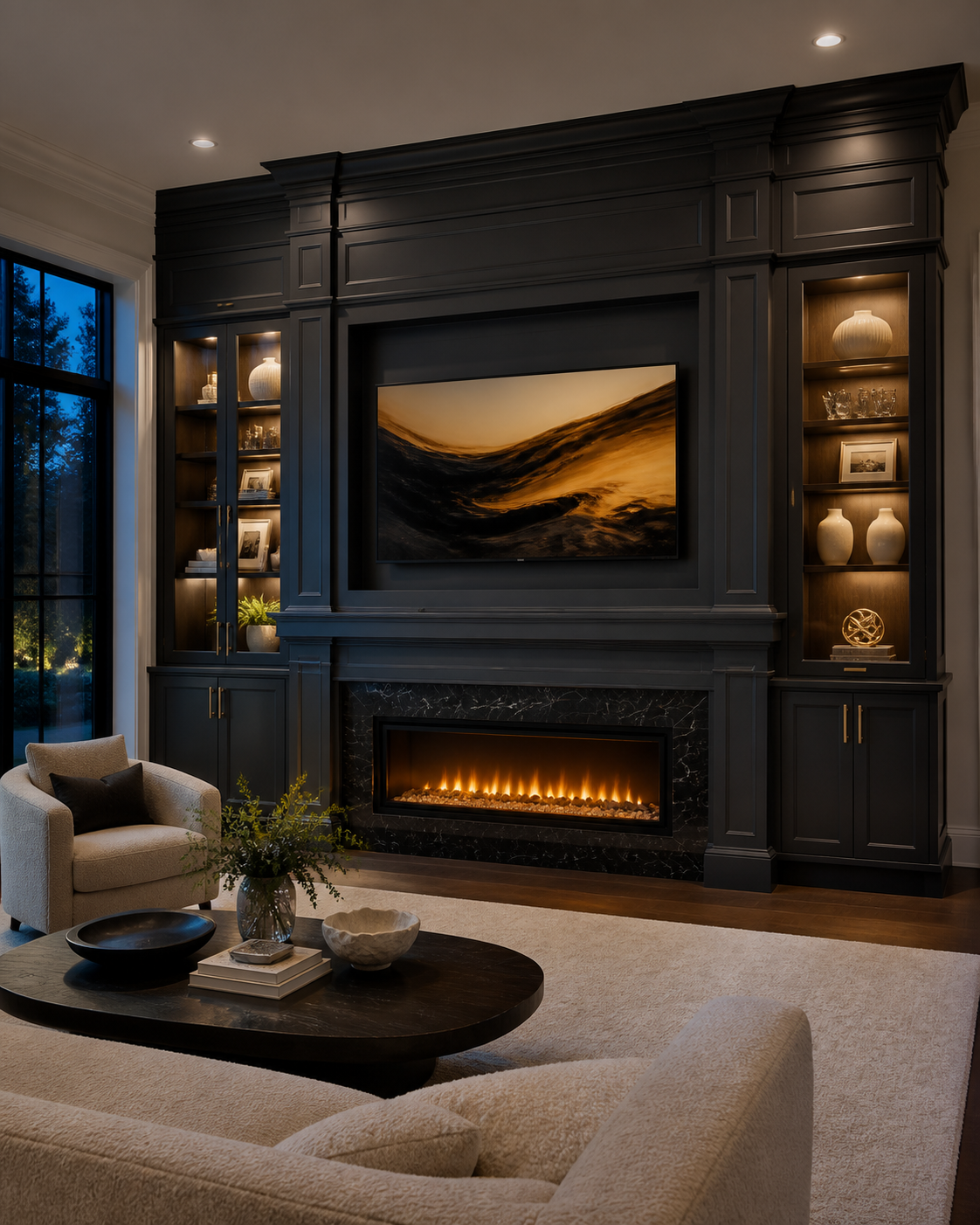 Living room with dark gray built-in shelves, a black rectangular fireplace, and a wall-mounted TV above it. The room has a beige armchair, a coffee table with decorative bowls and books, and large window with a view of trees.