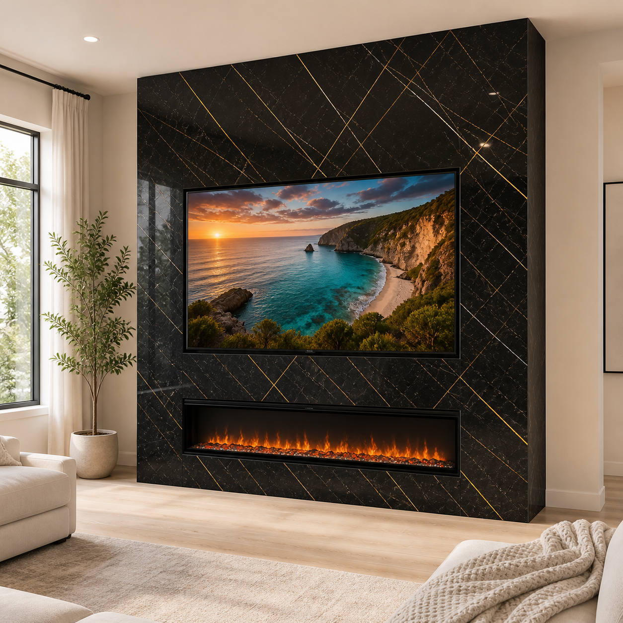 Full-height Decorative Panel Fireplace Media Wall clad in black marble-look panels with gold veining