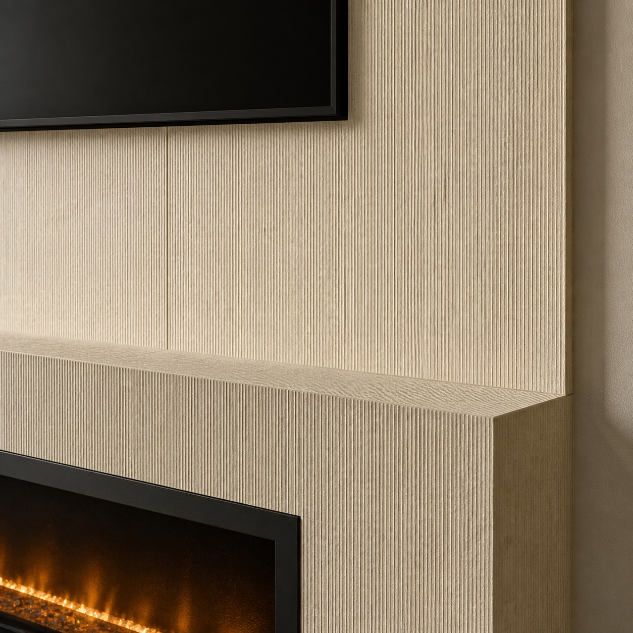 Light stone-look decorative panels with fine vertical texture surrounding an integrated fireplace