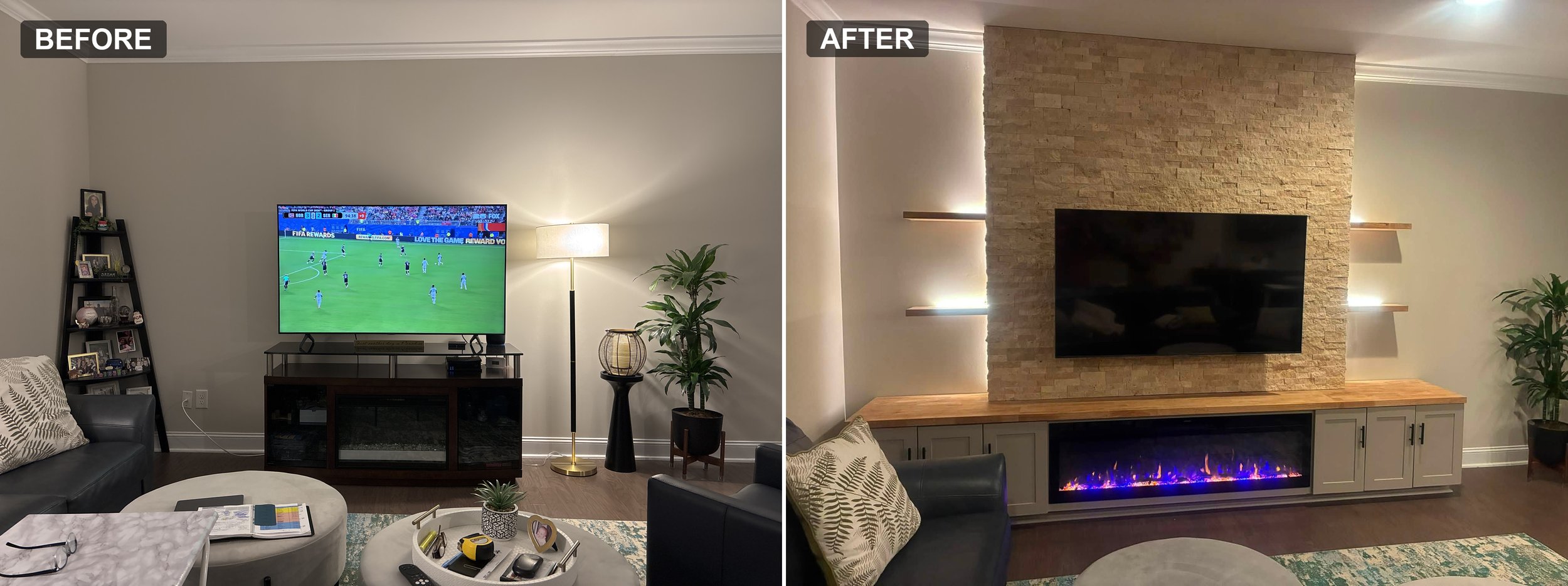 Before and after transformation of a Durham living room into a custom ledger stone fireplace media wall with built-in storage, illuminated shelves, and mounted TV.