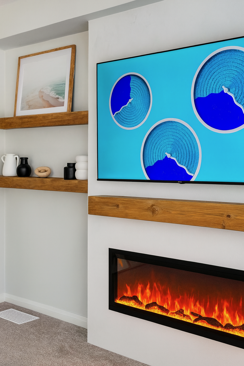 electric fireplace installed in limewash media wall