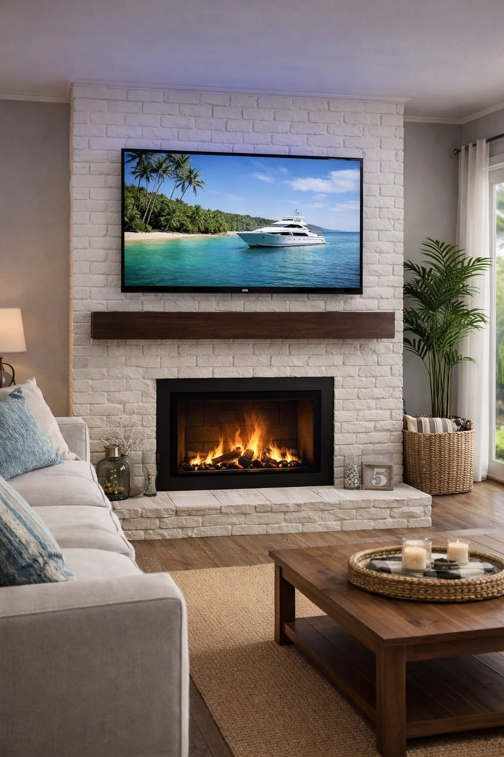Living room with a white brick fireplace, a mounted TV displaying a yacht and beach scene, a white sofa with pillows, a wooden coffee table with candles, a potted plant, and sunny window with white curtains.
