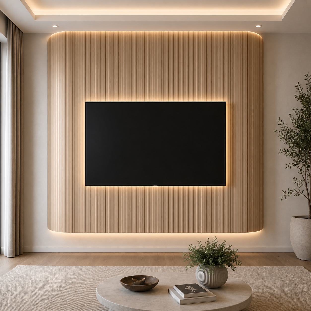 A-004 curved fluted wood TV panel with warm concealed lighting