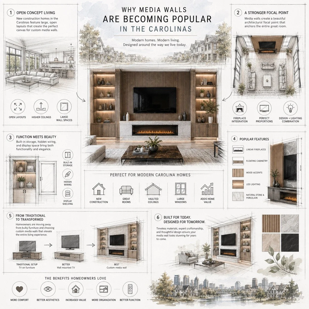 architectural infographic explaining why media walls are becoming popular in North and South Carolina homes
