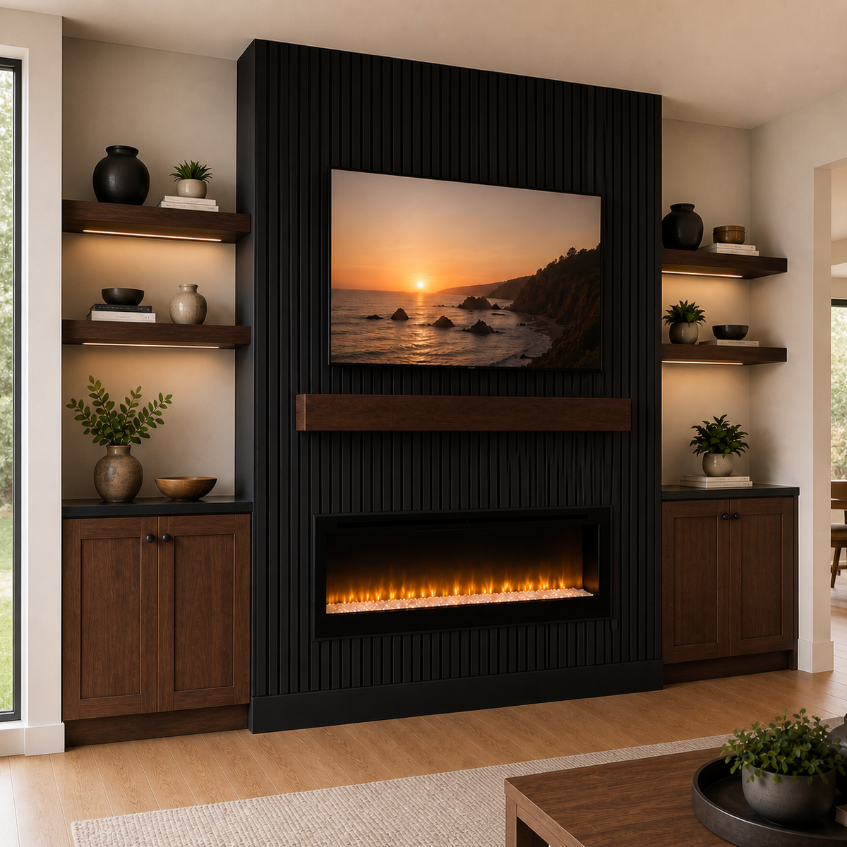 Fireplace media wall with black slat center, wood cabinets, mantel, and illuminated shelves