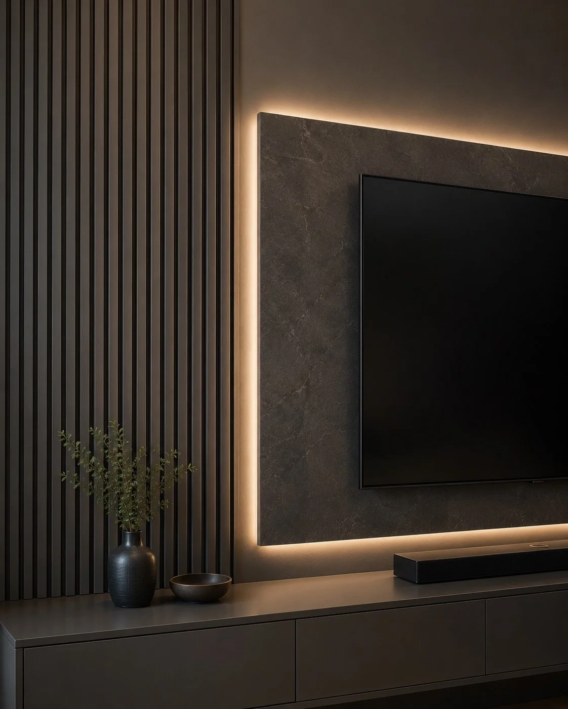 Close-up of the A-003 Essential Modern TV Wall with partial vertical trim, a textured backlit TV panel, mounted television, soundbar, and long dark media cabinet