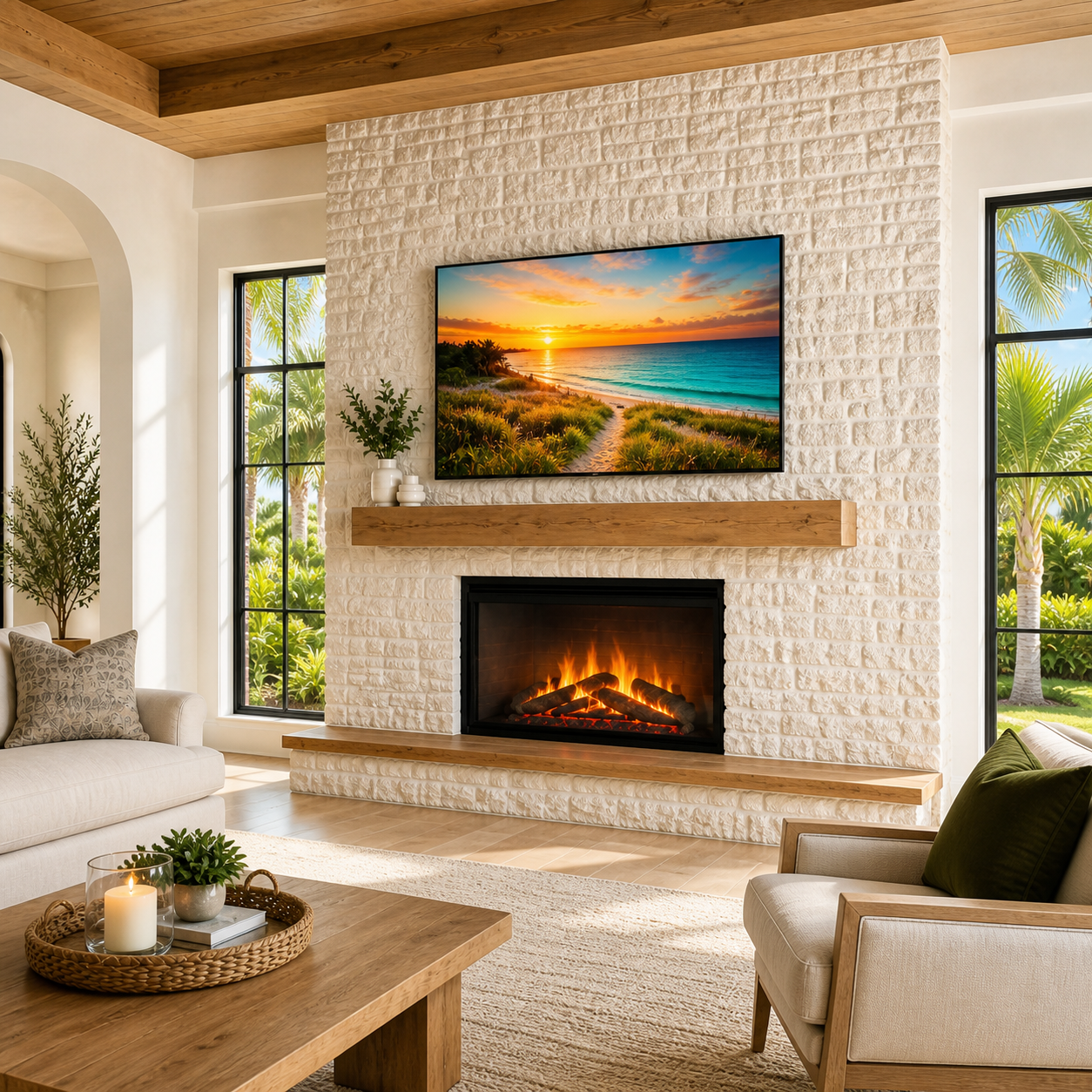 Bright Stone Fireplace Media Wall with Rough Cut Stone, natural oak mantel, traditional electric fireplace, and a coastal sunset displayed on the TV