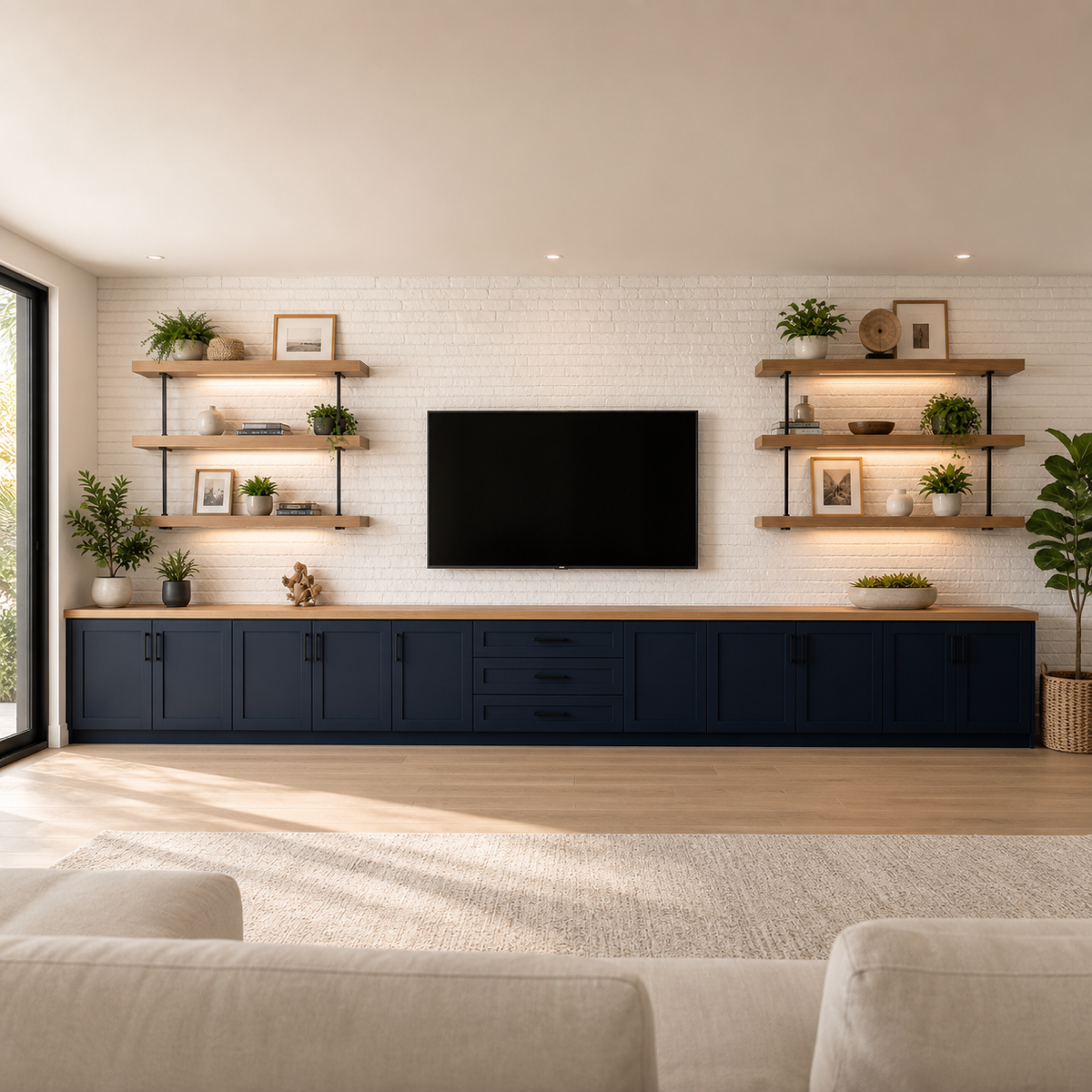 Built-in entertainment accent wall with navy cabinets, white brick panels, and wood shelves