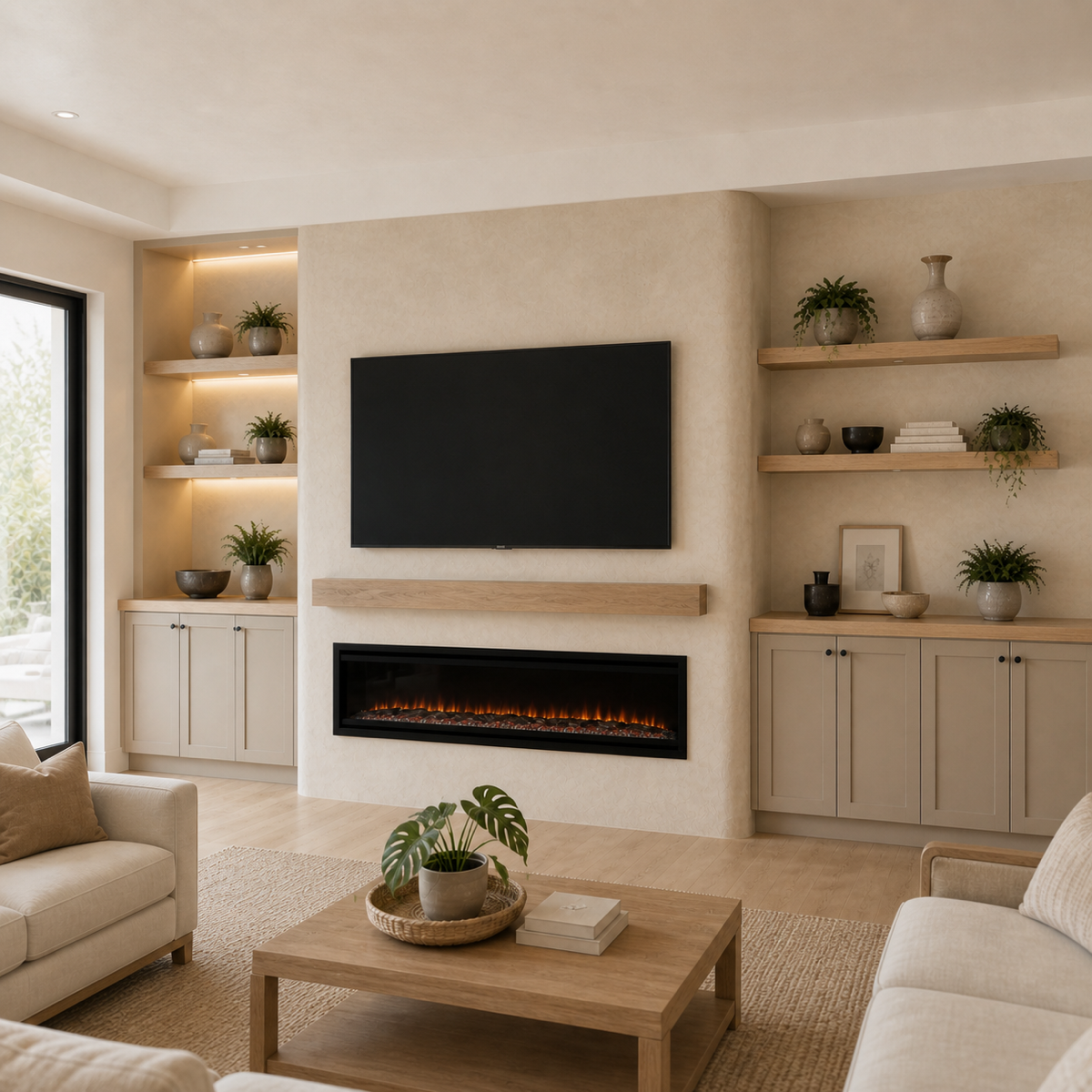 Limewash built-in entertainment center with fireplace, storage cabinets, and oak display shelves