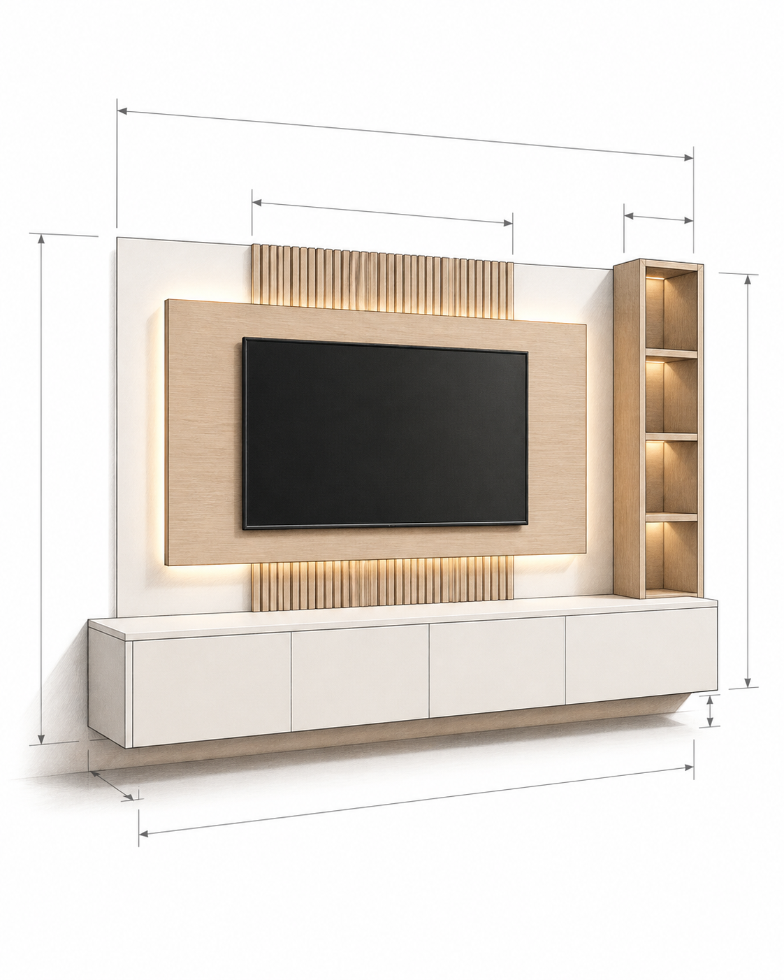 Architectural customization sketch of the C1-001 floating media wall with TV panel, storage cabinet, open side tower, and project-specific dimensions