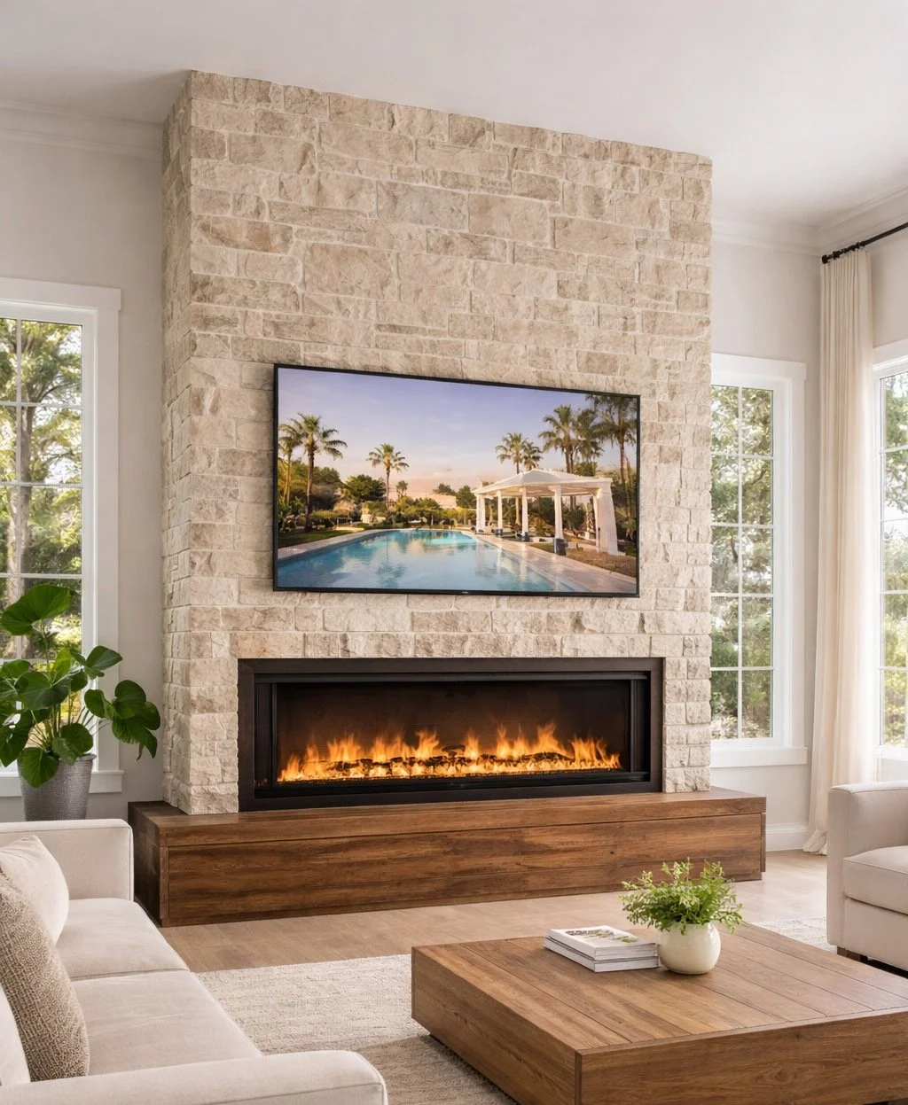 Living room with a stone fireplace, a flat-screen TV above it showing a pool and palm trees, a white sofa with a pillow, a wooden coffee table with magazines and a green plant, and large windows with white curtains.