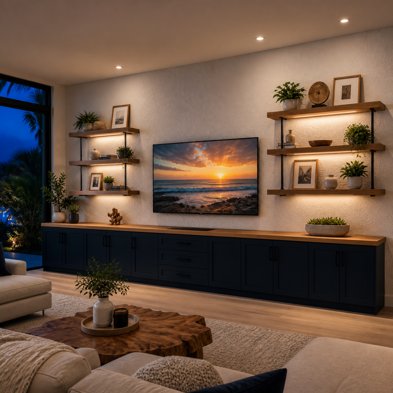 C3-001 built-in entertainment accent wall with navy cabinets, textured stone-look panels, illuminated walnut shelves, and an ocean sunset on the television
