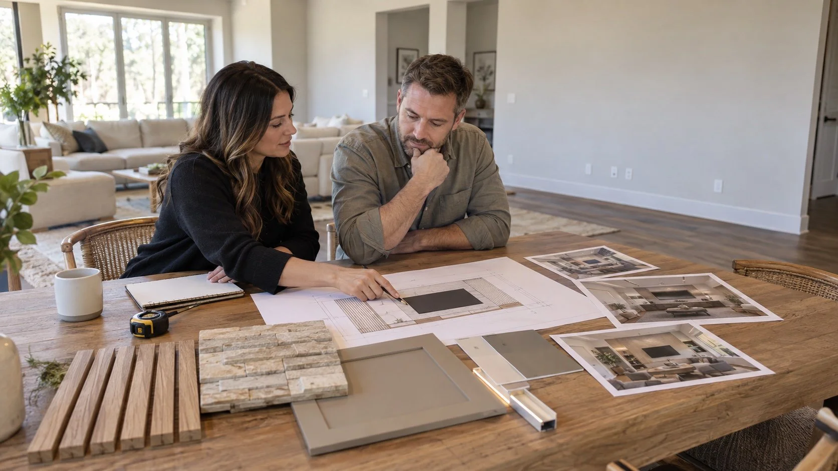 Homeowner and media wall designer reviewing drawings, room photographs, material samples, and finish options in North Carolina.