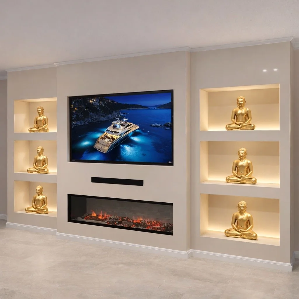 Living room wall with built-in shelves housing six golden Buddha statues and a mounted flat-screen TV displaying a boat scene, below a modern electric fireplace.